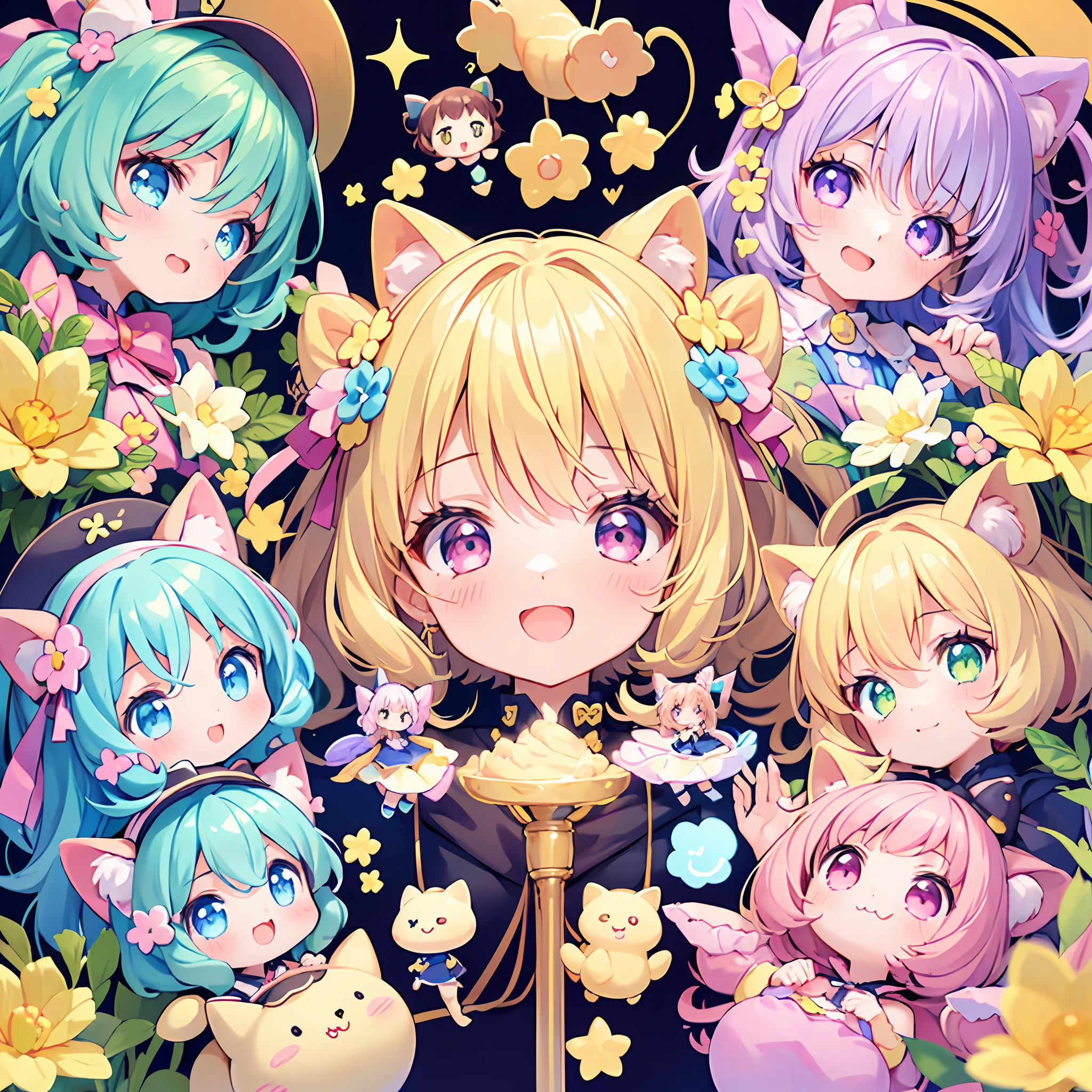 masterpiece, (million 2girls and 2girls and 2girls and 2girls), idol, closeup, big eyes, kawaiitech, kawaii, cute, pastel colors, best quality, happy, deep background, symmetrical, tilted head, spring