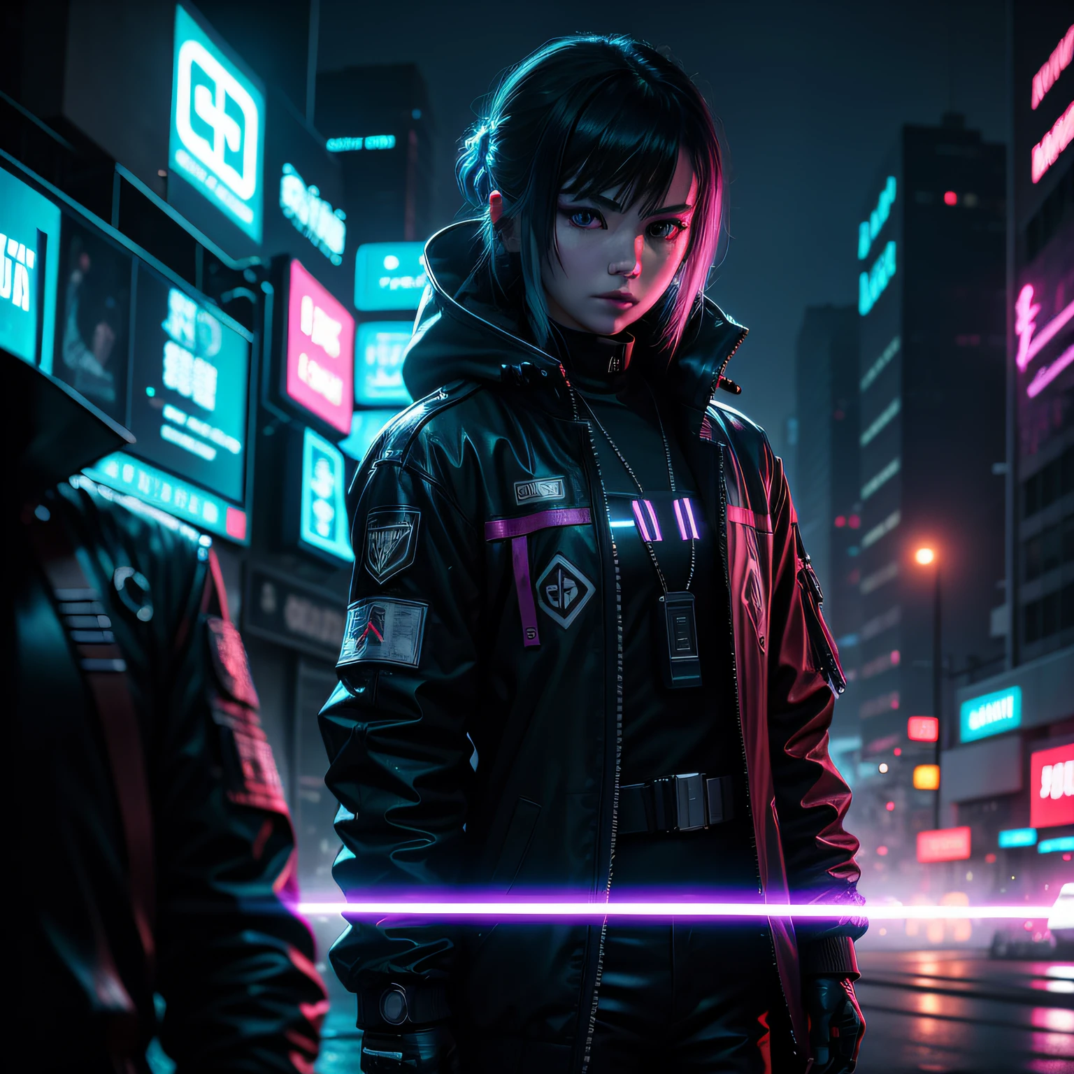 neonlight, cyber punk perssonage, russianebenya, Pitch black night, cinematic Film still from, 80mm lens，The lights are on，Armageddon，城市