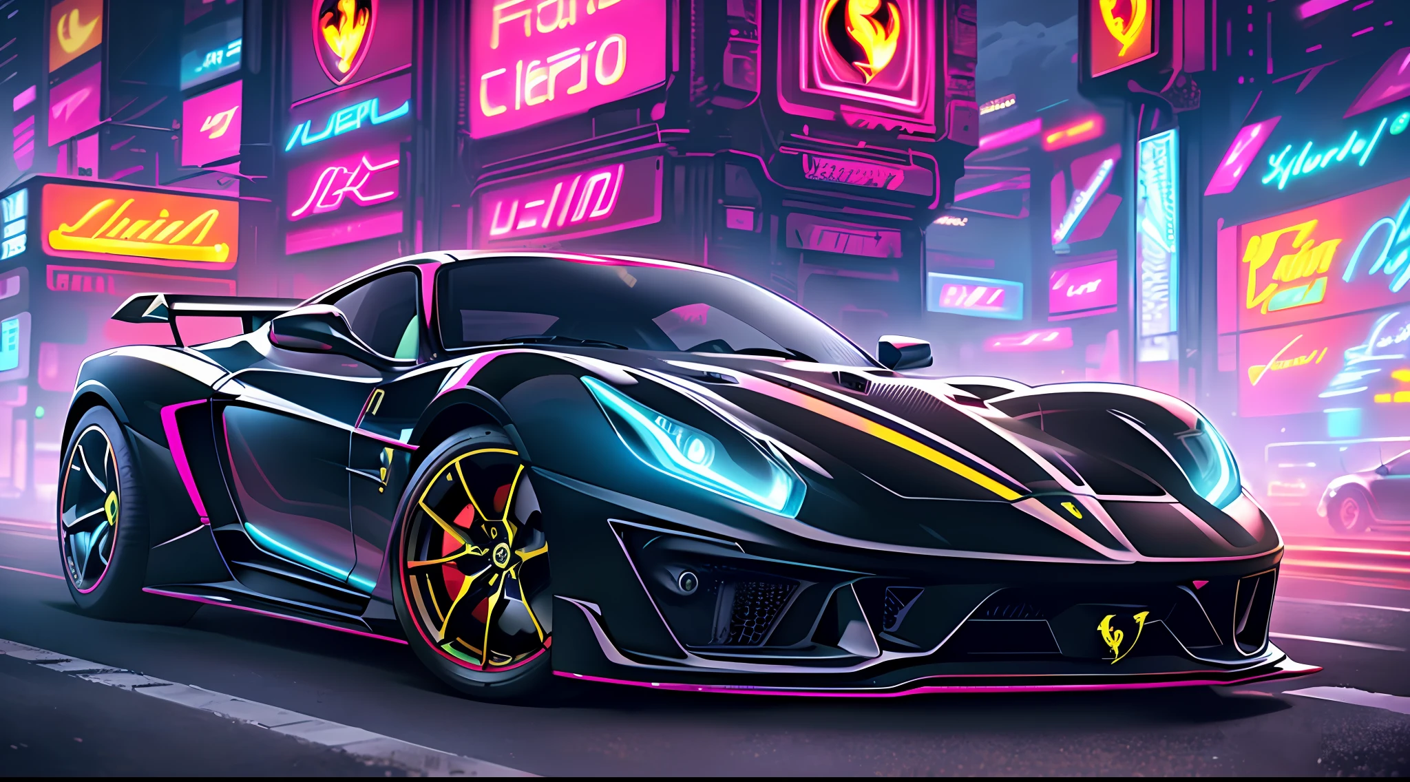 best quality, masterpiece, detailed background, highly detailed, intricate, cyberpunk city, road, cyberpunk, sunny, day, clouds, skyscraper, futuristic, science fiction, car focus, cool car, (cyberpunk car, futuristic car:1.2), (neon car, neon wheels, neon lights:1.4), (black ferrari:1.3), (red lights), (future car), (car front view:1.2)