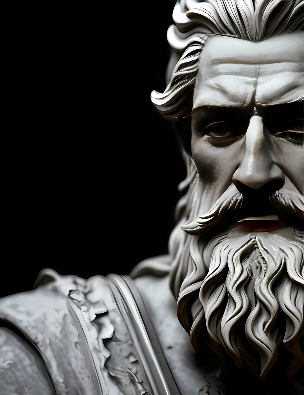 a close up of a statue of a man with a beard, realistic 8k bernini sculpture, furious god zeus, cgi clay sculpture, portrait zeus, portrait of rugged zeus, zbrush 3 d render, portrait of zeus, the god zeus, featured on zbrush central, cinematic close-up bust shot, statue of zeus, rendered in zbrush