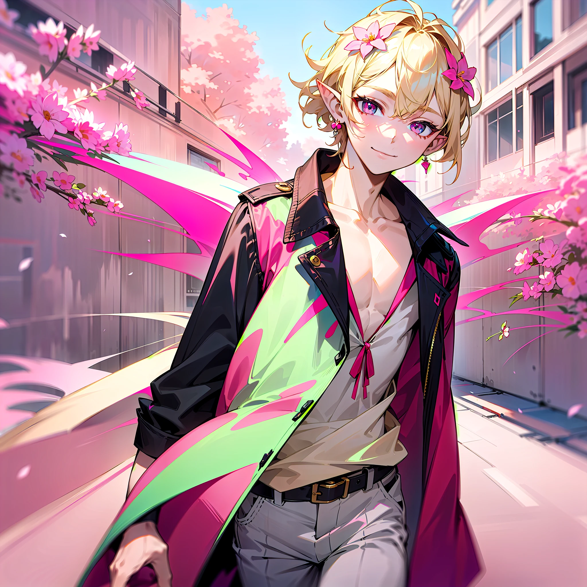 young man, twink, (((male))), (((man))), (((one person))), single, solo, (((very light blonde hair))), (((pink colored eyes))), (medium short hair), (chin-length hair), wavy hair, slim body, ((flat chest)), (((wearing flowers in his hair))), flowercrown, ((pointy ears)), (((light pink colored eyes))), smooth skin, smiling, wearing street fashion style clothes, modern and futuristic clothes, ((street fashion)), ((kpop style))