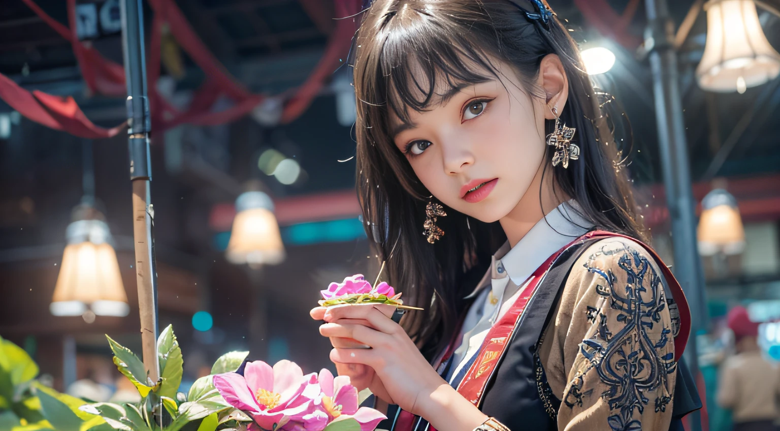 1girl,Sweet girl, princes,college uniform, Natural, Elegant,Cute,(perfect big eyes:1.2),black long hair,Perfect nose, small chest, holding flowers,extreme hand details,cute,(at the night market),RAW,16k,(masterpiece:1.5), best quality, intricate details,ultra highres,extremely detailed, wallpaper,Unreal 5 Engine ,ray tracing,Artstation extreme artistic detail,dynamic lighting,extremely detailed,(photorealistic:1.5),sharpen,depth of field, complex 3d render ultra detailed,octane render,Completed facial features,