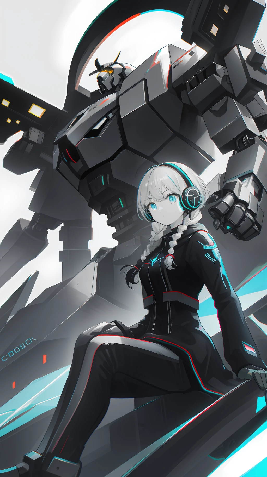 "Cubist futuristic style,strong contrast between light and dark,Bright chromatic aberration,a classic,The character anatomy is correct,Comb hair color,Side braids,Headsets,The girl sits on a huge mech,Best picture quality,16k,"