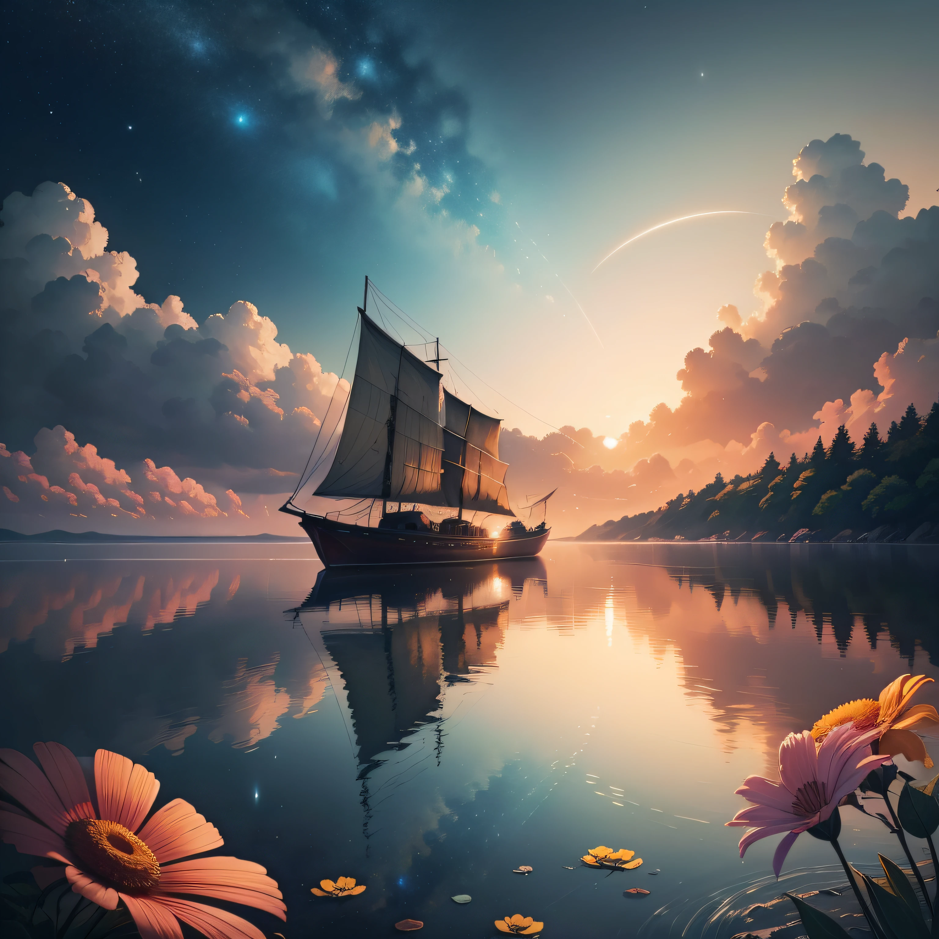There is a painting of the sea,Flowers and leaves float on it, The sky is shining with stars,Stars in the sky,There are shooting stars crossing by,background artwork, Anime art wallpaper 4k, Anime art wallpaper 8 K, Anime background art, A beautiful artwork illustration, Beautiful art UHD 4 K, anime backgrounds, arte de fundo, floral environment, serene illustration, 4 k hd wallpaper illustration, Anime wallpaper 4 k