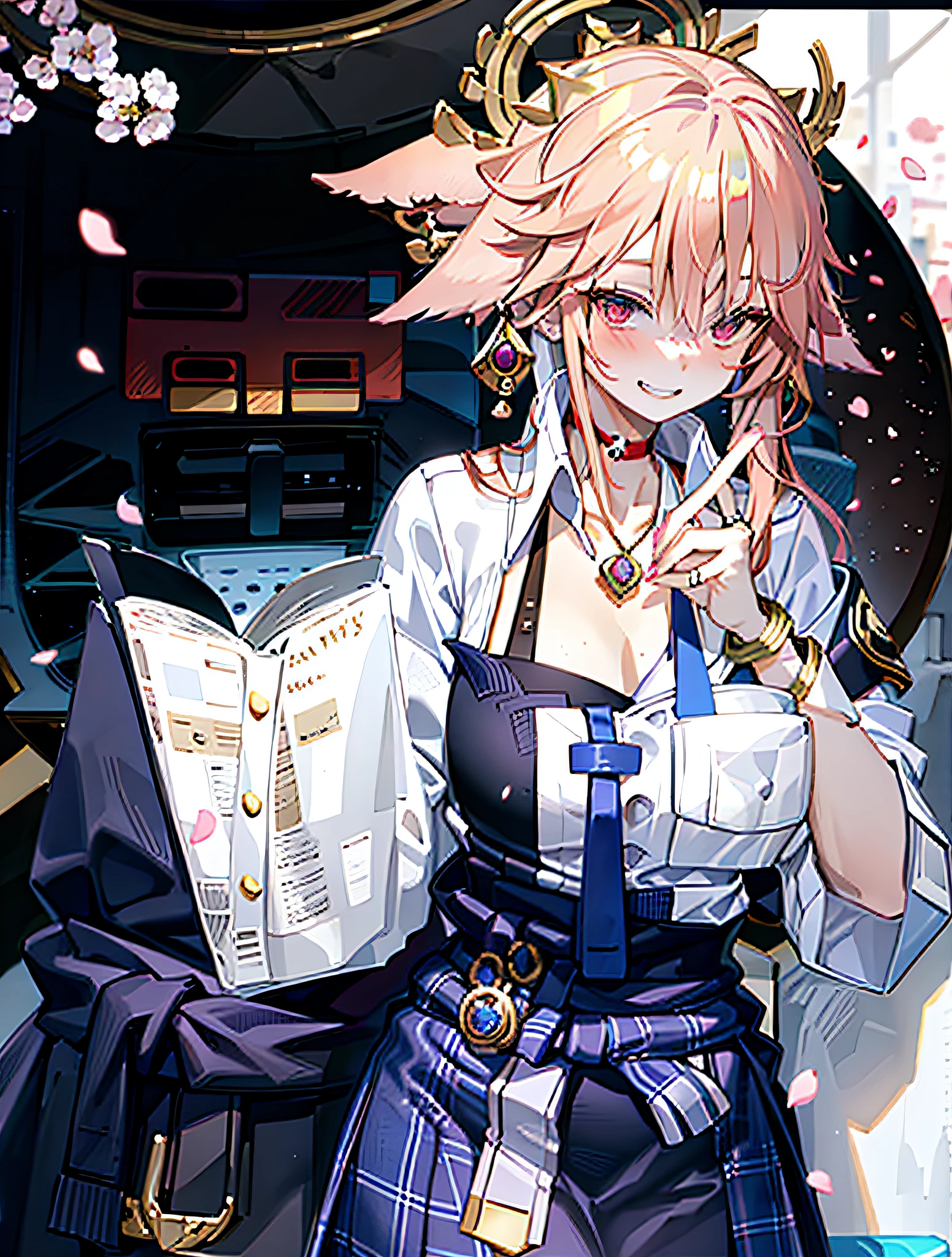 masterpiece, best quality, full body, 1girl, bangs, black choker, black necktie, blonde hair, blue skirt, blush, bracelet, breasts, choker, clothes around waist, collarbone, collared shirt, cowboy shot, dress shirt, ear piercing, eyebrows visible through hair, gradient hair, grin, gyaru, jewelry, kogal, long hair, looking at viewer, loose necktie, necktie, piercing, plaid, plaid skirt, pleated skirt, red eyes, ring, school uniform, shirt, skirt, smile, solo, white shirt, street, sky, cherry blossoms, petals,illustration, (magazine:1.3), (cover-style:1.3), fashionable, woman, vibrant, outfit, posing, front, colorful, dynamic, background, elements, confident, expression, holding, statement, accessory, majestic, coiled, around, touch, scene, text, cover, bold, attention-grabbing, title, stylish, font, catchy, headline, larger, striking, modern, trendy, focus, fashion,