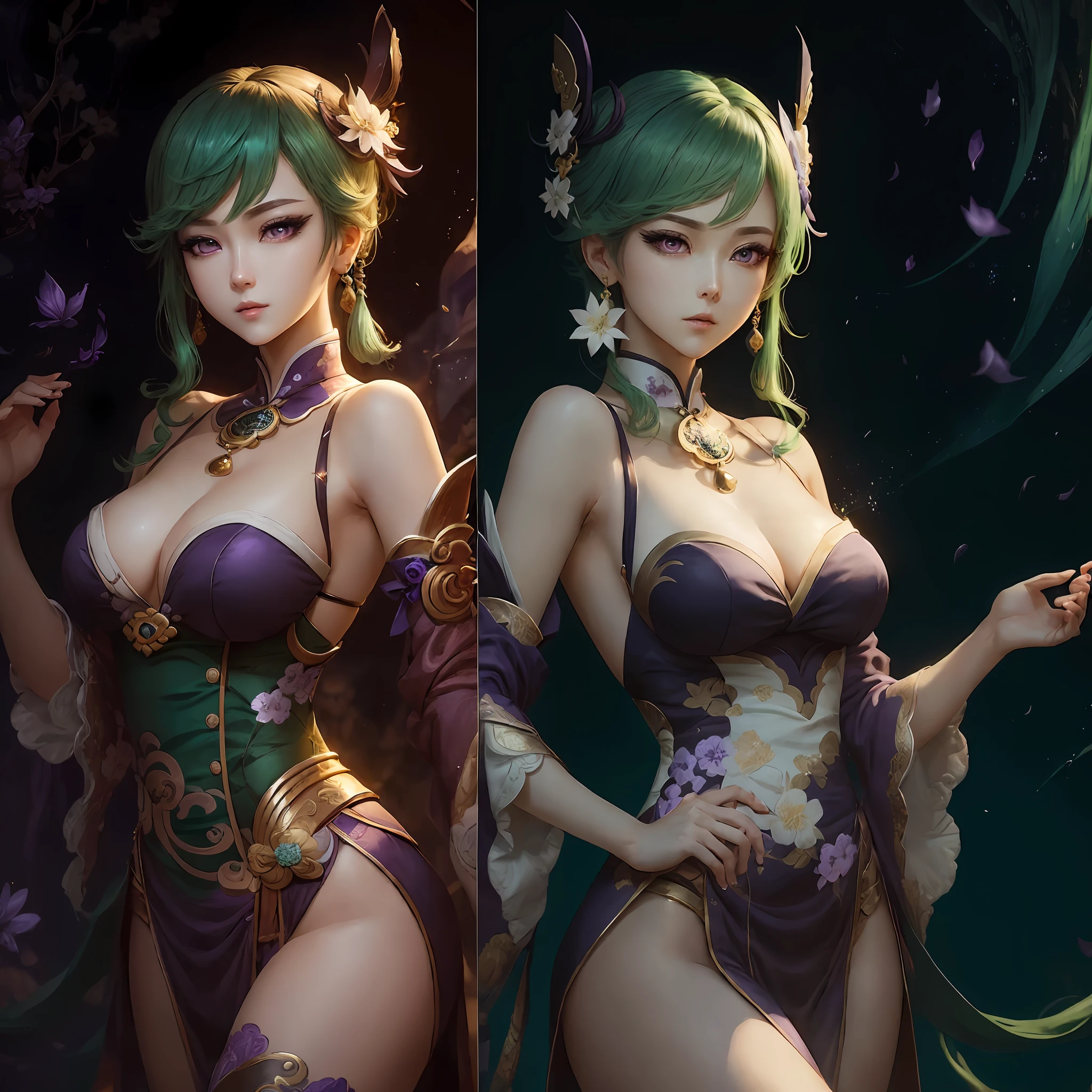 (Genshin Yura) High quality CG illustrations,Truly restore its image,Stunning details,Beautiful painting style,Unique postures and expressions,The light and shadow effects come to life,Stunning special effects,Lifelike backgrounds and scenes,A feast for the eyes。(green hair:1.2, purple eyes, elegant costume, dynamic pose, immersive background) --auto