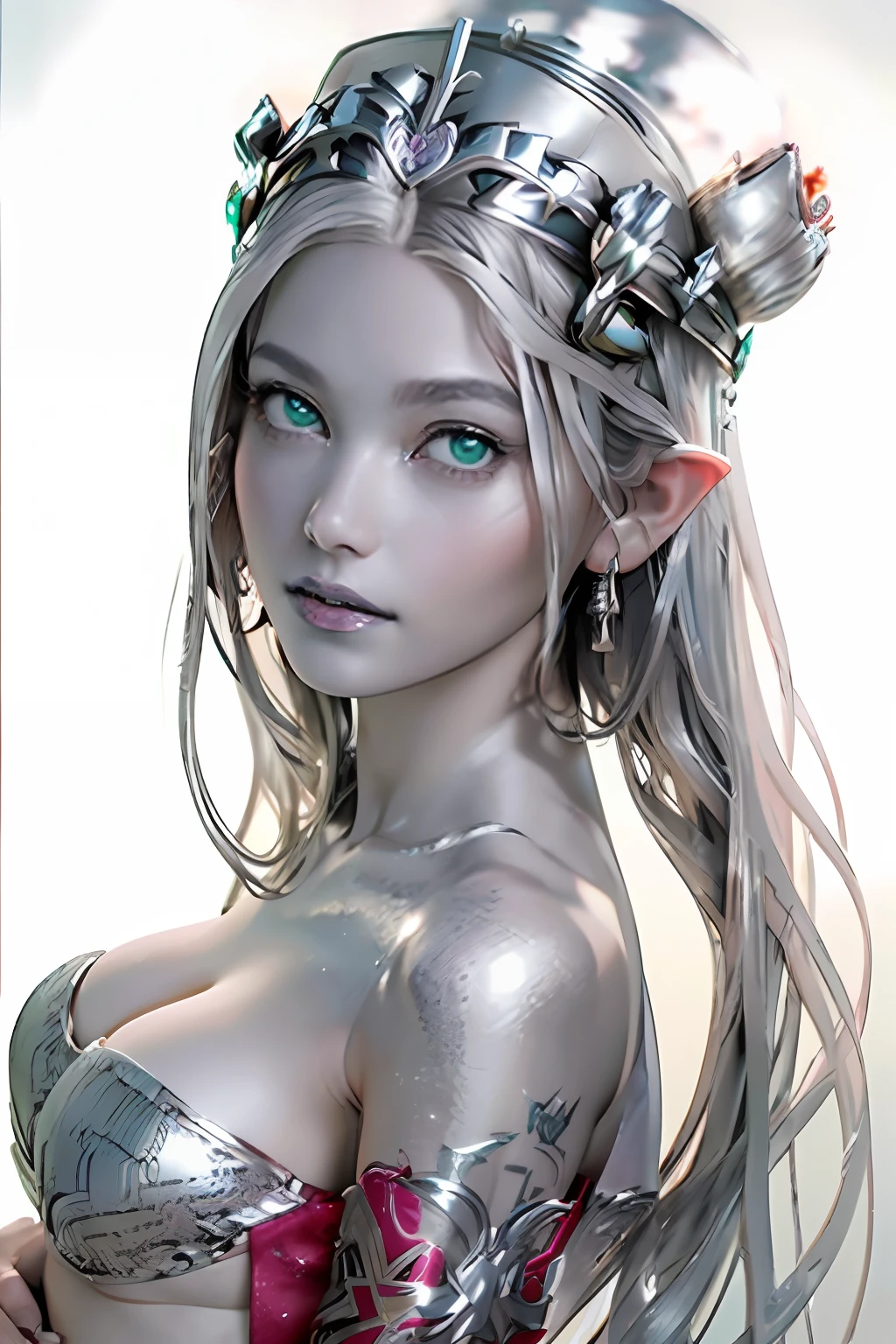 Ultra-detailed complex 3D rendering of the face, (masterpiece, top quality, octane rendering,), glamour shots full body image, very beautiful young elves, cleavage, (highly detailed skin: 1.2), (exposure: 1.1), ((blue micro bikini: 1.95)))). , 8k, (((very soft breasts)), (((conspicuous large pink areola)), beautiful Caucasian woman with white skin with full soft breasts with big buttocks, one, long braided hair, big breasts, dynamic angles, (((huge breasts: 2.4)), ultra-realistic photos, ((((((silver hair)))), futuristic urban background, facial muscles, (((((detailed and glamorous silver crown)))), In the style of Marvel Comics, ArtStation Trends, Clear Focus, Intricate Details, Very Detailed, Detailed Green Eyes, Sharp Focus, Digital Rendering, Professional, Abs, Lip Gloss, Glossy Skin, Sexy Pose, Golden Tattoo All Over Body, Silver Pattern All Over Body, Silver Lame Skin, Gold Glitter Skin, Mansuji, Buttocks, Jeweled All Over the Body, with silver scales, silver hair,