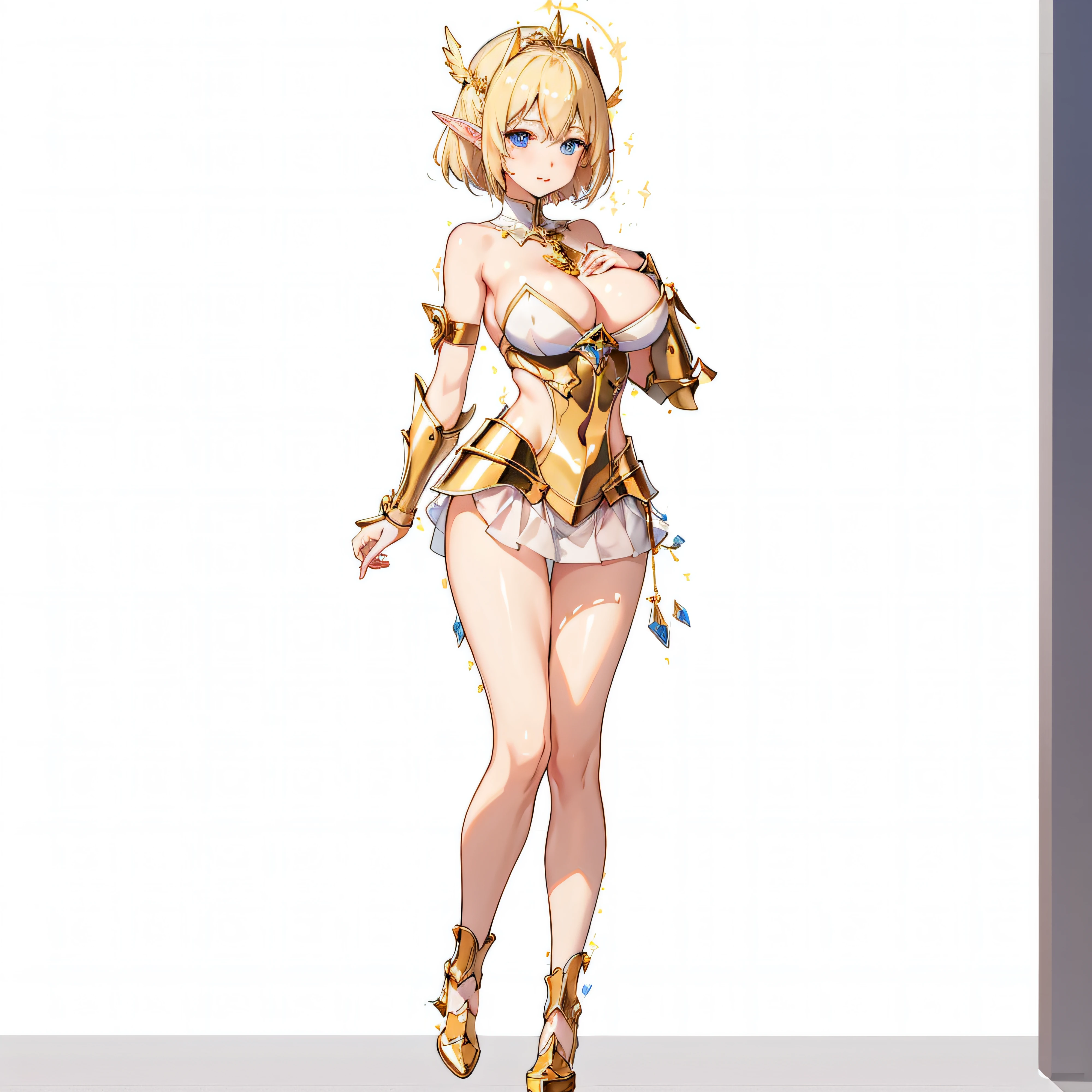 White panty、extremely transparent skirts、Full body like、A smile、Very slender、Anime girl with blonde hair and gold armor posing naked、anime girl with a very big breast and a very big breast、Elven Girl、anime goddess、Perfect Style、The fleshy feeling of whip、short-hair、a blond、Blue eyes、alluring elf princess knight、Very open chest、oppai proportions、(Exposed seductive attractive cleavage:1.3)、teats、You can almost see the areola、Wet sheer skirt、Ultra-thin skirt、Ecchi anime style、Glittering golden armor、Angel Smile、angelic golden armor、Glamorous bikini armor、Beautiful fingers、Gold hair ornament、Gold bangles、Gold ankles、Gold Long Boots、Girl in armor、Sexy body、Emphasizes cleavage