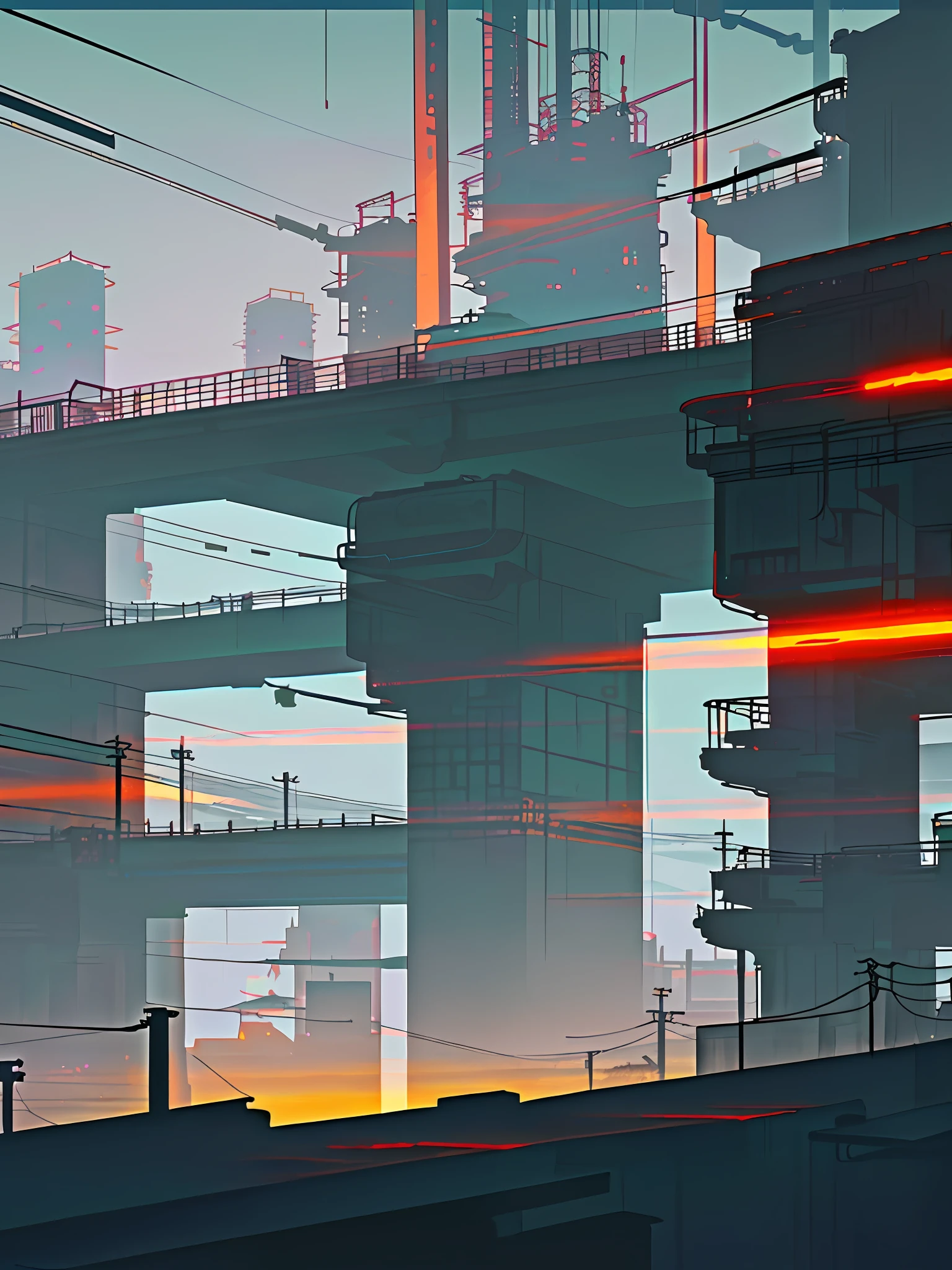 (Cyberpunk landscape), (Zen, Amy Sol style), (moonlight, footbridges, elevated trains, cables, conduits, powerlines, construction towers, tunnels), cover art with light abstraction, abstract, simple vector art, contemporary Cyberpunk art, color gradients, soft color palettes, layered forms, whimsical animation, style Ethereal abstract, 4K, --v6