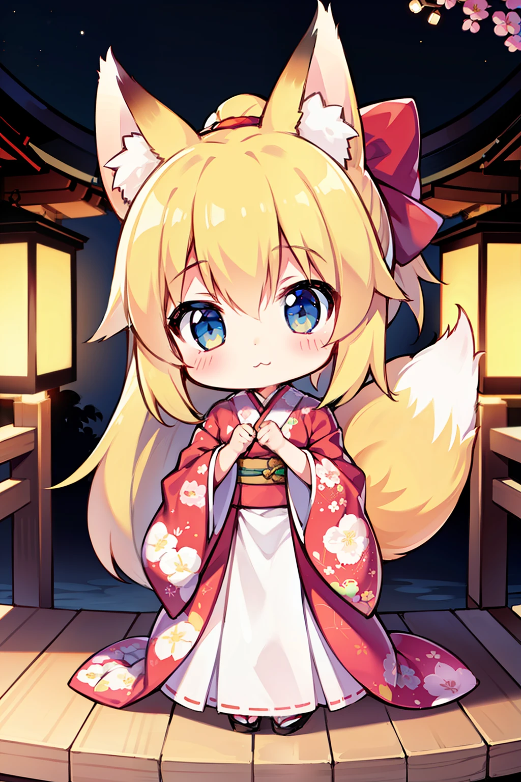1 girl in、Blonde ponytail、Fox ears、Fox tail、Floral kimono、foxfire、kawaii、Chibi、Shrine with lanterns、shrine background、Chibi Chara、(High resolution of the highest quality)、[[Tangled fingers]]