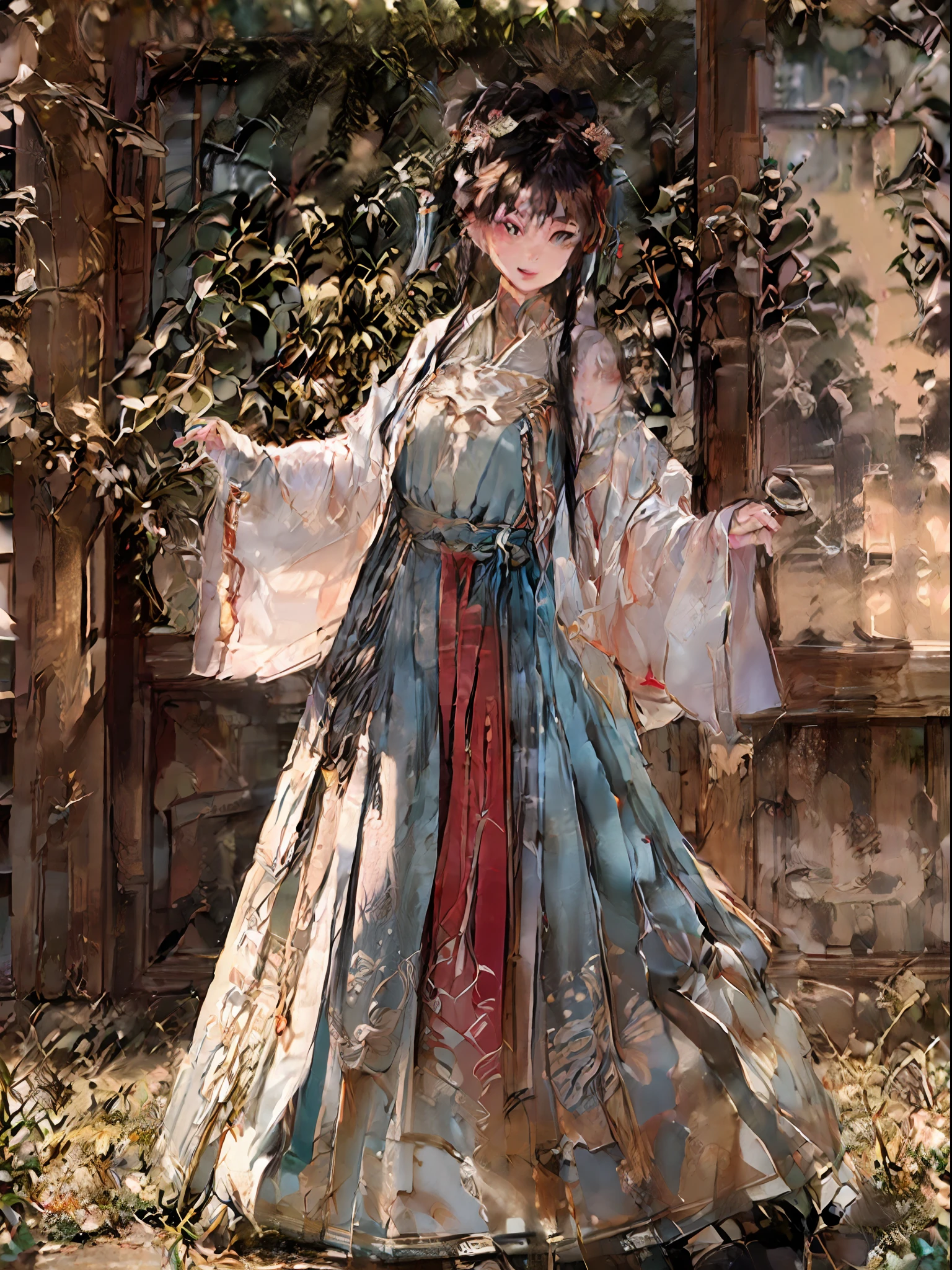 (RAW photos, best quality), (realistic, Photo Realism: 1.3), Extremely Refined and Beautiful, Amazing, Fine Detail, Masterpiece, Ultra Detail, High Resolution, (Best Illustration), (Best Shadow), Intricate, (in a crimson gold Chinese dragon, surrounded by gold dust, black flowers, trees, petals, wind, God, long wavy body, fangs, fantasy, mythology, high quality, highly detailed, masterpiece, epic, particle effects, dynamic effects, (Dragon: 1.4 in front of), clouds, storms, mountains, sunsets, clear focus, volumetric fog, 8k Ultra HD, DSLR, High quality, (Film grain: 1.4), Fujifilm XT3,Official Art, Unity 8K wallpaper, Ultra detailed, Beautiful and beautiful, Best quality, (Zen entanglement, tangled, entangled), (fractal art: 1.4), 1 girl, brunette hair, Chinese, bare shoulders, short skirt, calf, navel, very detailed, dynamic angle, denim lens, (most beautiful chaotic shape), flow, (bright colors), OC, (half: 1.2), china, (tape: 1.3), (Dream: 1.5), (Hanfu: 1.5), Chinese Dragon, (Smile: 0.5), (Chinese God), Realistic, Ultra High Resolution, Complex, Ultra Detailed, (Skin Dents), Female, Detailed Body, (Detailed Face: 1.1), (Contoured Iris), (Watercolor Lenses), (Perfect Eyes), 4K, Gorgeous, (Masterpiece: 1.2), (Best Quality: 1.2), Wide Buttocks, Thick Thighs, (Big Tits: 1.2) and (Big Tits: 1.2), Debauchery, Seductive pose.