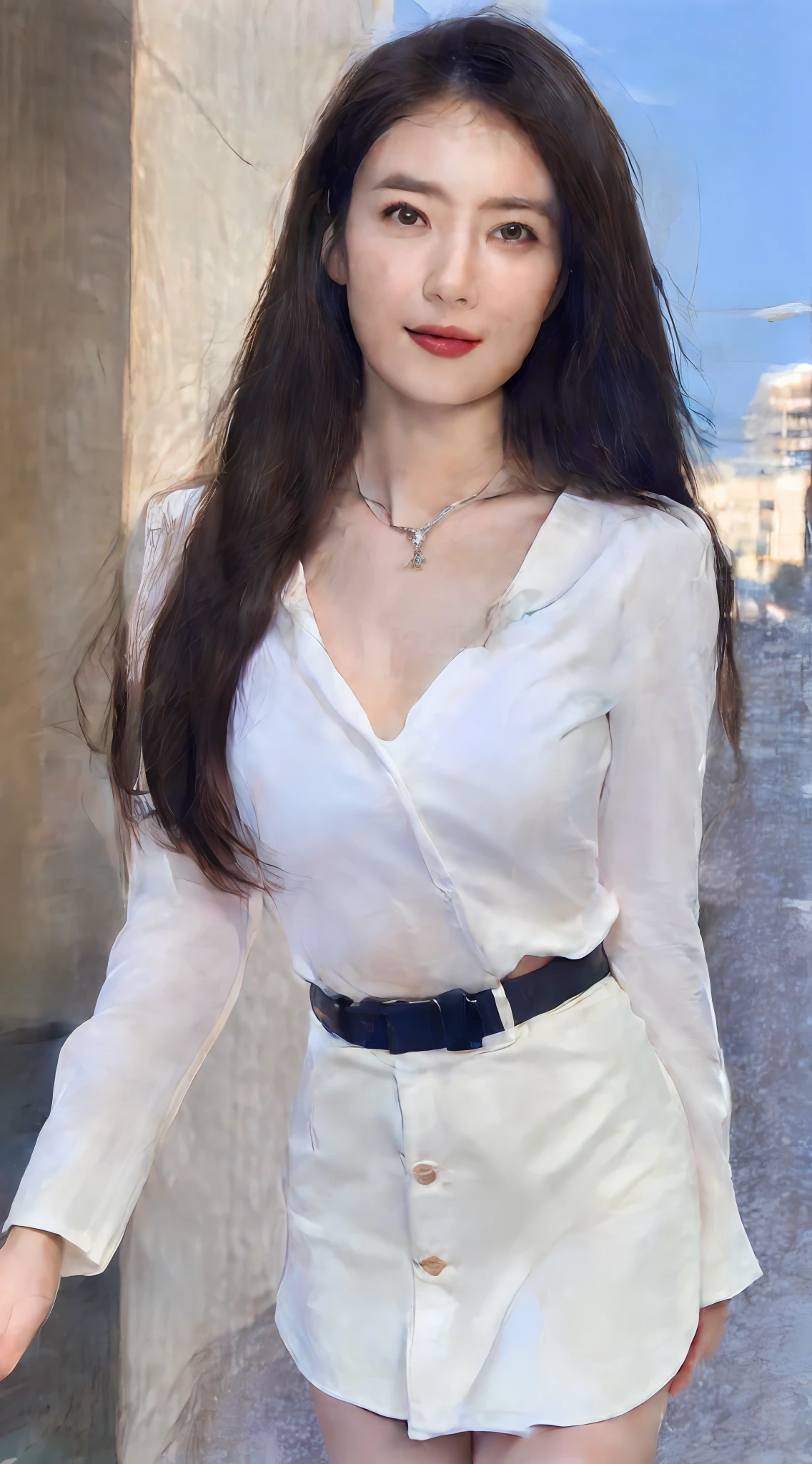 (top quality, high resolution, masterpiece: 1.3), tall and pretty woman, slender abs, dark brown hair styled with loose waves, chest, wearing pendant, white button-up shirt, belt, black skirt, (modern architecture in background), exquisitely rendered details on face and skin texture, detailed eyes, double eyelids, no bra, shirt fitted to bare skin, from above