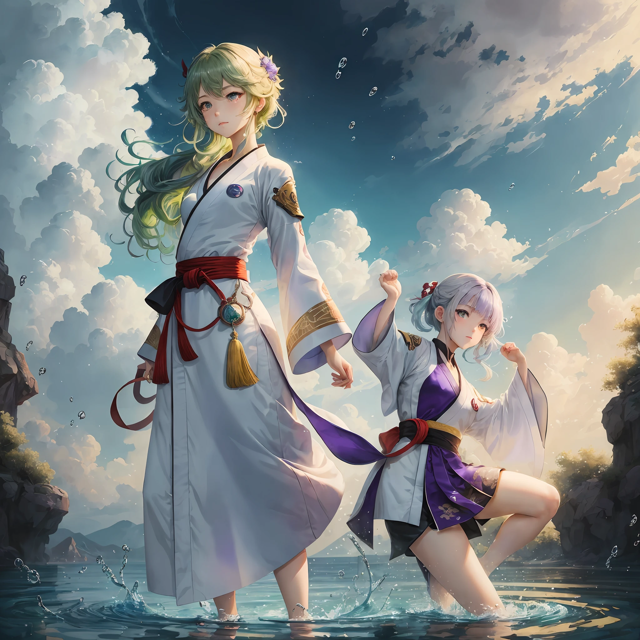 (Genshin Kami Sato Ayaka)extremely detailed depiction,high qulity,A standing painting full of charm,Fresh and moving painting style,Flow angles and postures,Blue eyes,Silver, red, purple, yellow, green hair color(Silver hair color weight 1.3,Red hair color weight 1.2,Purple hair color,Yellow hair color weight 1.3,Green hair color weight 1.3),White martial arts costume,Neck strap,beautiful countenance,Images of drops of water,Clouds,eventide,Wide view,Watercolor effect。 --auto