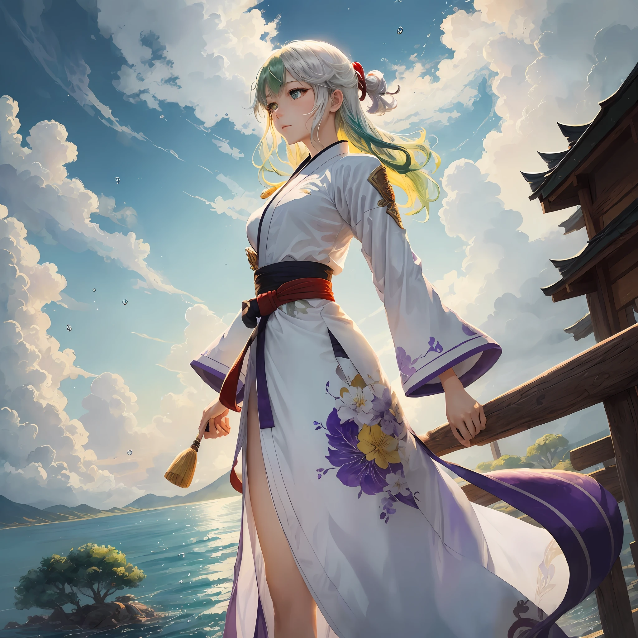 (Genshin Kami Sato Ayaka)extremely detailed depiction,high qulity,A standing painting full of charm,Fresh and moving painting style,Flow angles and postures,Blue eyes,Silver, red, purple, yellow, green hair color(Silver hair color weight 1.3,Red hair color weight 1.2,Purple hair color,Yellow hair color weight 1.3,Green hair color weight 1.3),White martial arts costume,Neck strap,beautiful countenance,Images of drops of water,Clouds,eventide,Wide view,Watercolor effect。 --auto