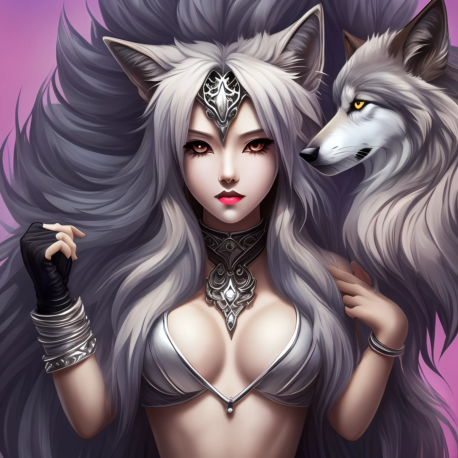 female body wolf, purple fur, long silver claws, arms outstretched, howl humain face, black skin, pink eyes, pink lips, prominent silver canine --auto --s2
