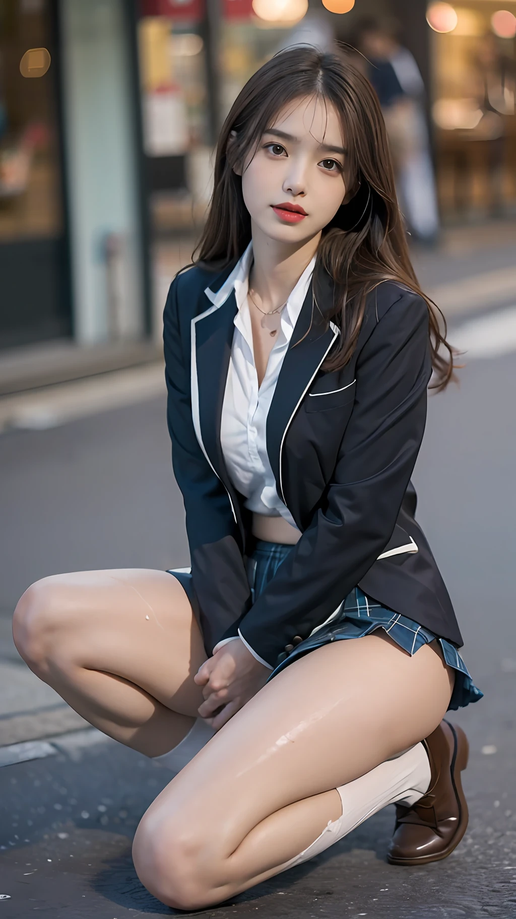 (8K, RAW photo, Top quality, Masterpiece: 1.2, Realistic, Photorealistic, High contrast, photon maping, photon maping, Photorealistic, Ultra-detailed, Professional lighting, Low angle: 1.2), (1 girl), (Solo: 1.5), (Full-body), (height of 165cm), (18-year-old schoolgirl), (Shinjuku at night in Japan), (sidewalk lined with shops), (Japan high school uniform and designated shoes), (dark blue blazer: 1.2), (Short plaid skirt: 1.5), (white shirt for students), (tie: 1.2), (squatt,Crotch Spread Wide,looking to the front), (Skirt flipping up), (M-shaped legs), (180 degree leg open), (Crotch open: 1.2), (light brown medium hair), (see-through wet white panties: 1.5), (camel-toe), (Black loafers: 1.5), (beautfully face: 1.3), (Perfect proportions: 1.2), (Long legs: 1.2), (small: 1.3), (Panties visible from under skirt: 1.3), (Female Pubic Hair Clearly Visible: 1.4), (Pubic hair: 1.4), (with no underpants: 1.2), (Textured skin)
