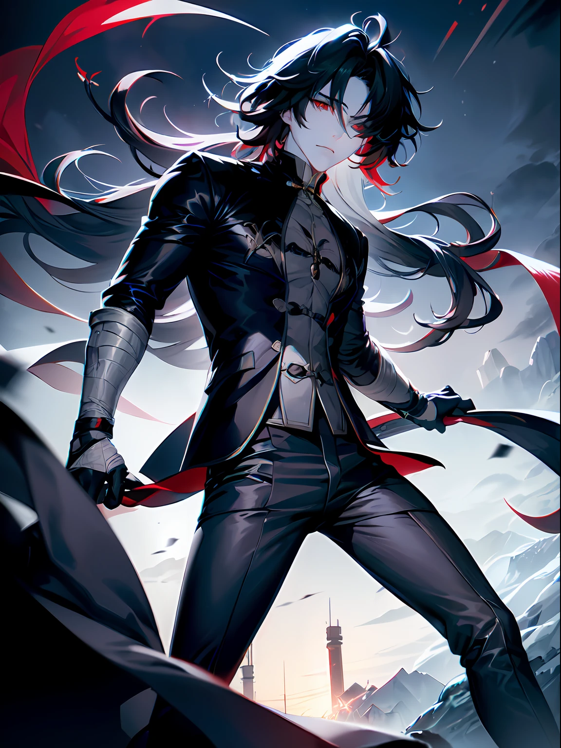 1boy, (solo:1.2), ((masterpiece)), pale skin, ((detailed eyes)), (bokeh effect), (dynamic angle), (dynamic pose), black hair, long hair, black shirt, exterior. bandages, (red eyes), (grey pants:1.4), mountains