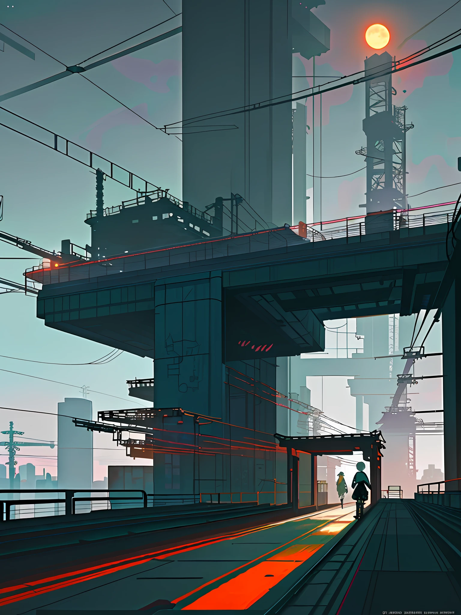 (Cyberpunk landscape), (Zen, Amy Sol style), (moonlight, footbridges, elevated trains, cables, conduits, powerlines, construction towers, tunnels), cover art with light abstraction, abstract, simple vector art, contemporary Cyberpunk art, color gradients, soft color palettes, layered forms, whimsical animation, style Ethereal abstract, 4K, --v6