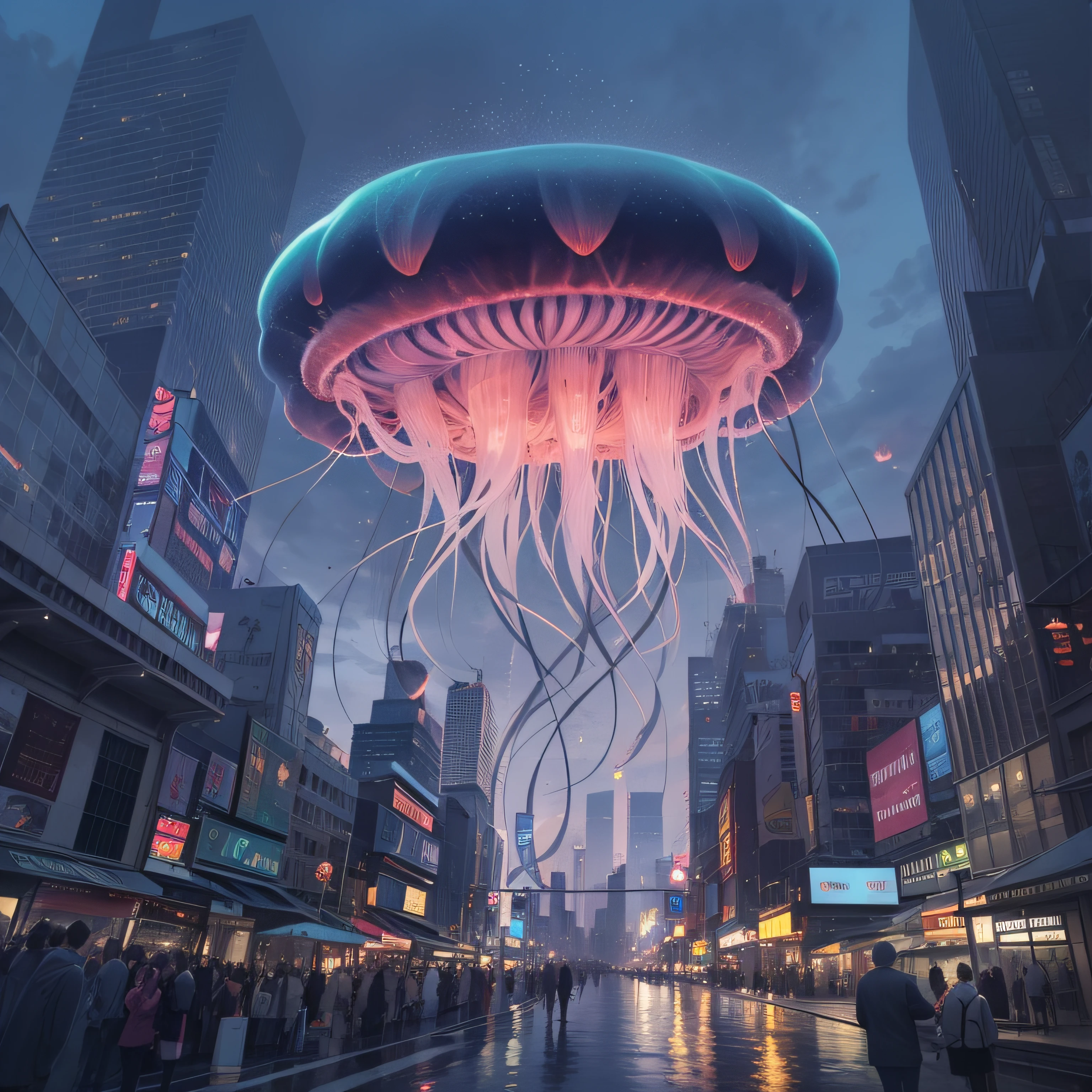 A thriving metropolis，Huge jellyfish float in the sky