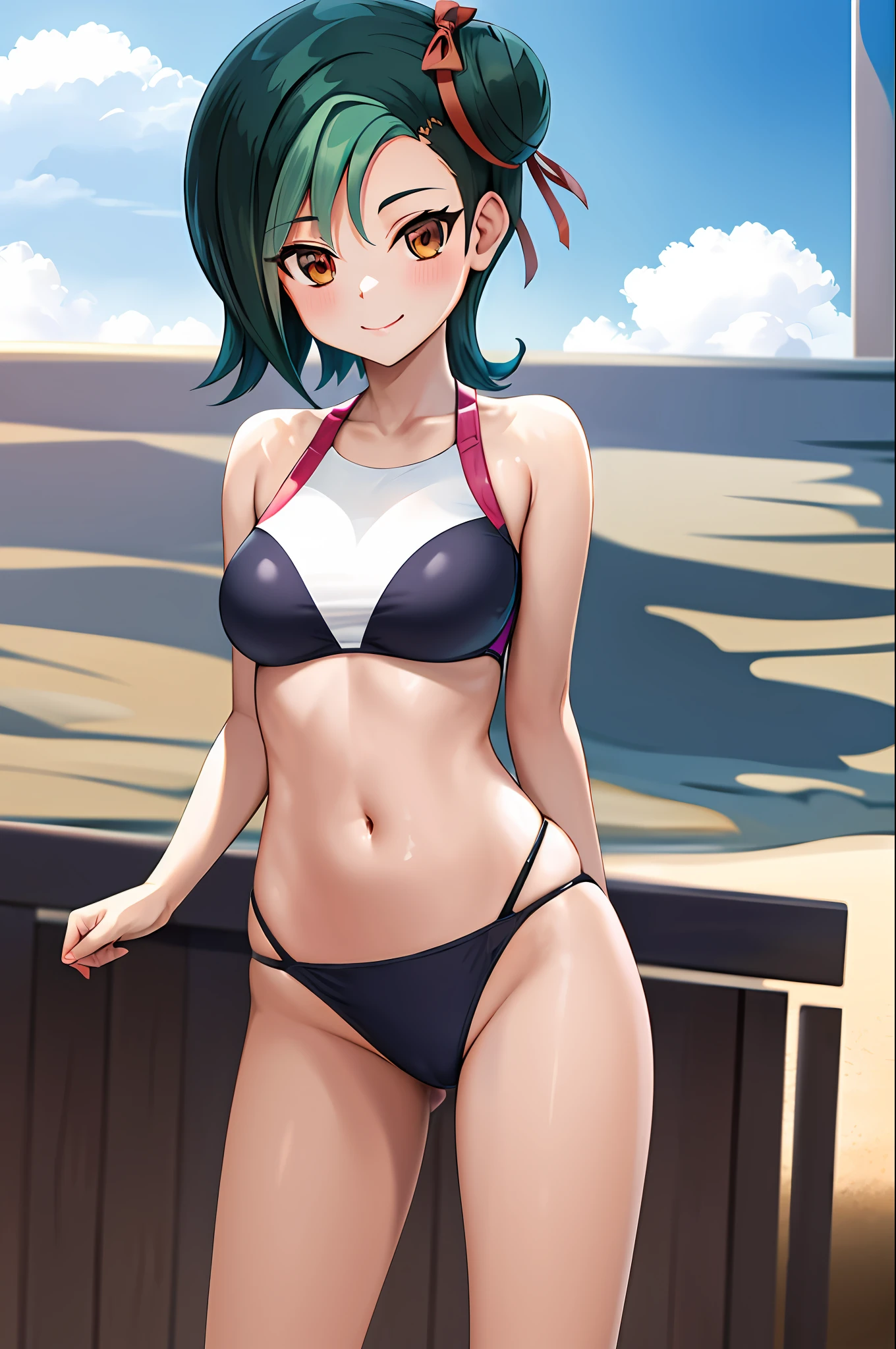 masterpiece, best quality, highres, hmkotori, short hair, multicolored hair, single hair bun, hair ribbon, , standing, cowboy shot, outdoors, smile, arms at sides, straight-on, swimsuit beach bikini swimsuit