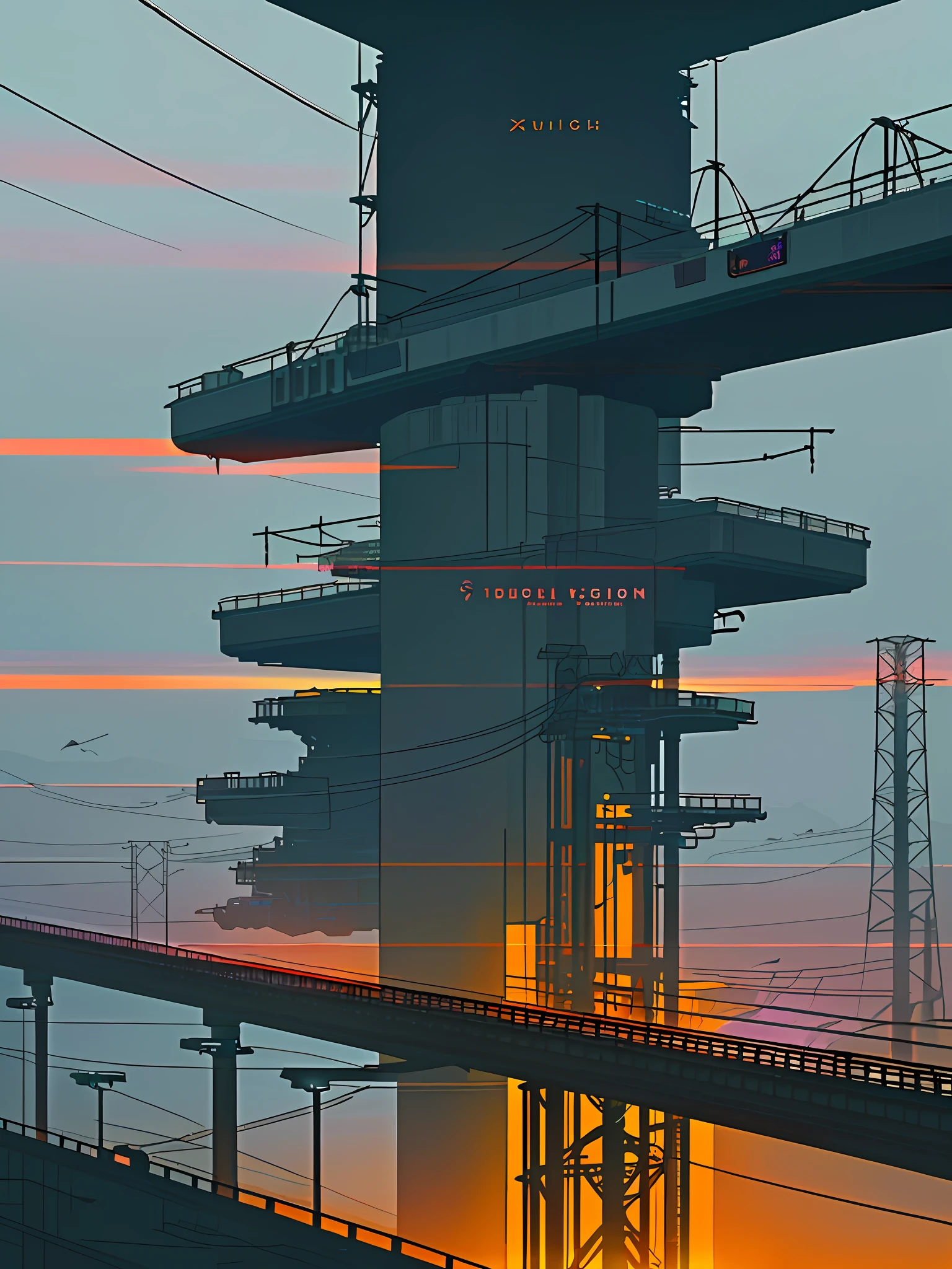 (Cyberpunk landscape), (Zen, Amy Sol style), (moonlight, footbridges, elevated trains, cables, conduits, powerlines, construction towers, tunnels), cover art with light abstraction, abstract, simple vector art, contemporary Cyberpunk art, color gradients, soft color palettes, layered forms, whimsical animation, style Ethereal abstract, 4K, --v6