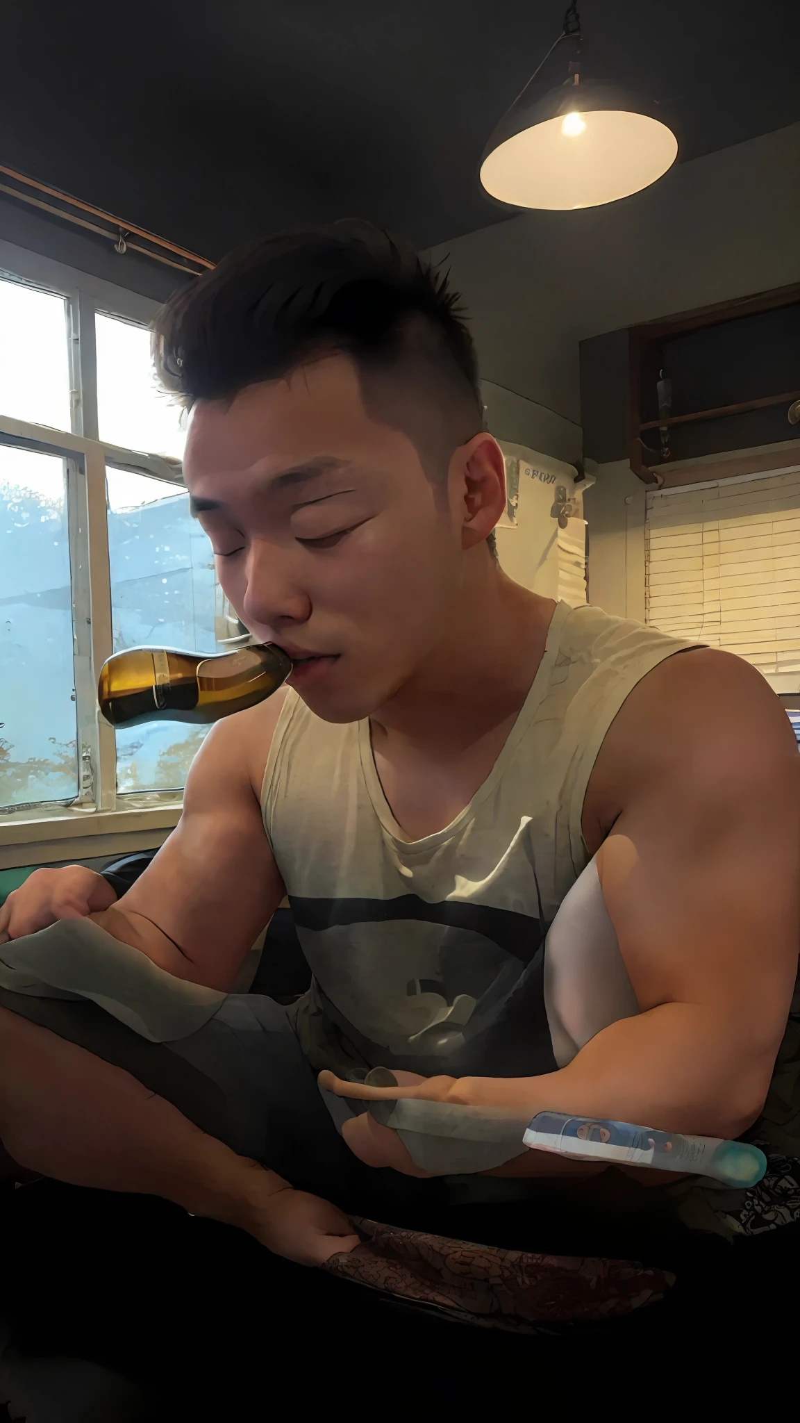 A man sitting at a table，Hold a bottle of wine，Inspired by Ding Guanpeng，Inspired by Ding Yunpeng、Korean fitness boy，Both are 21 years old，Exercise，justin sun、Handsome Chad、Guan Daosheng、Gong Xian、in  the gym，Victor Wang、Dai Jin、Li Shixing's source of inspiration。