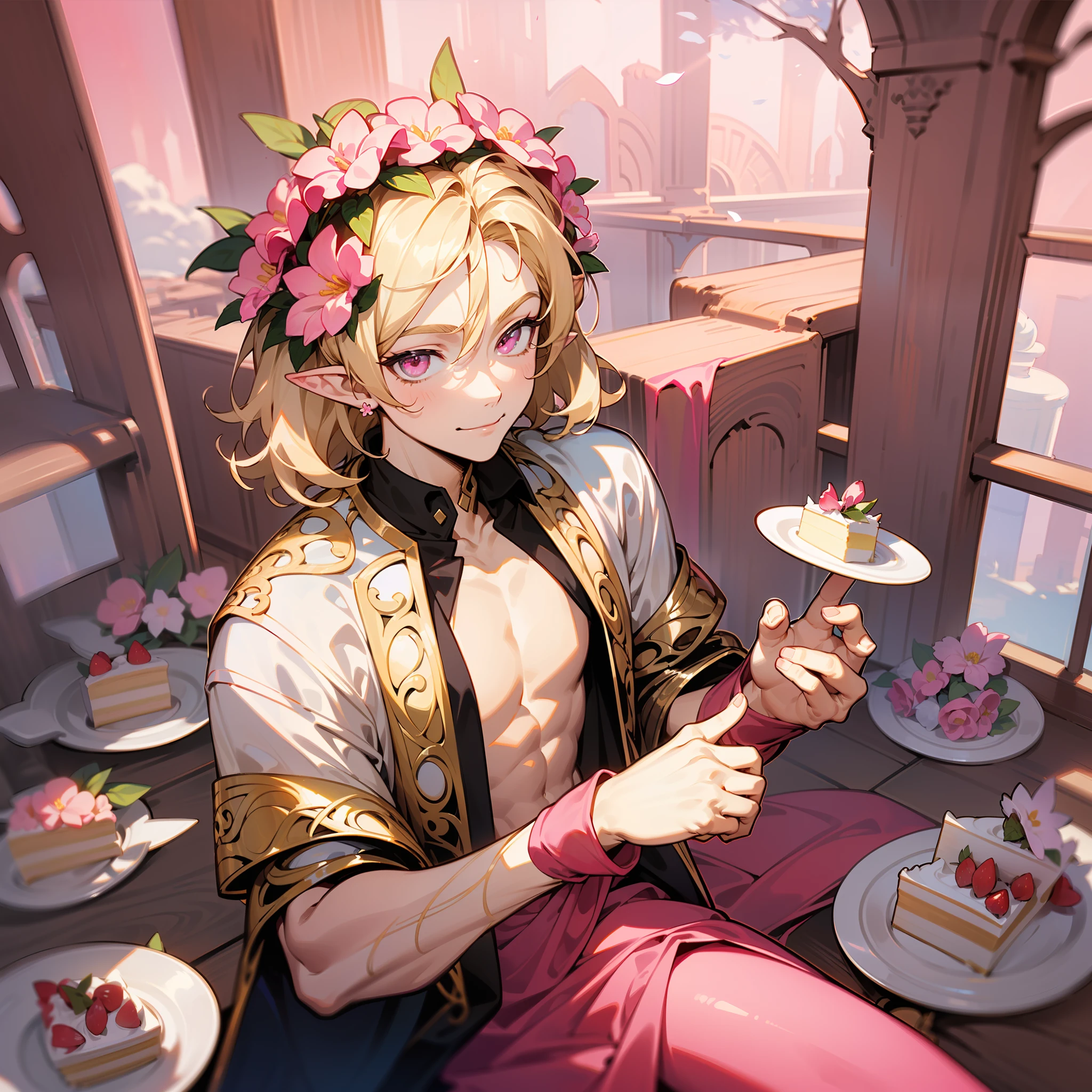 young man, twink, (((male))), (((man))), (((one person))), single, solo, (((very light blonde hair))), (((pink colored eyes))), (medium short hair), (chin-length hair), wavy hair, slim body, ((flat chest)), (((fantasy style))), (((wearing flowers in his hair))), flowercrown, ((pointy ears)), (((light pink colored eyes))), smooth skin, (((wearing fantasy clothes))), smiling, (((sitting on top of a huge cake)))