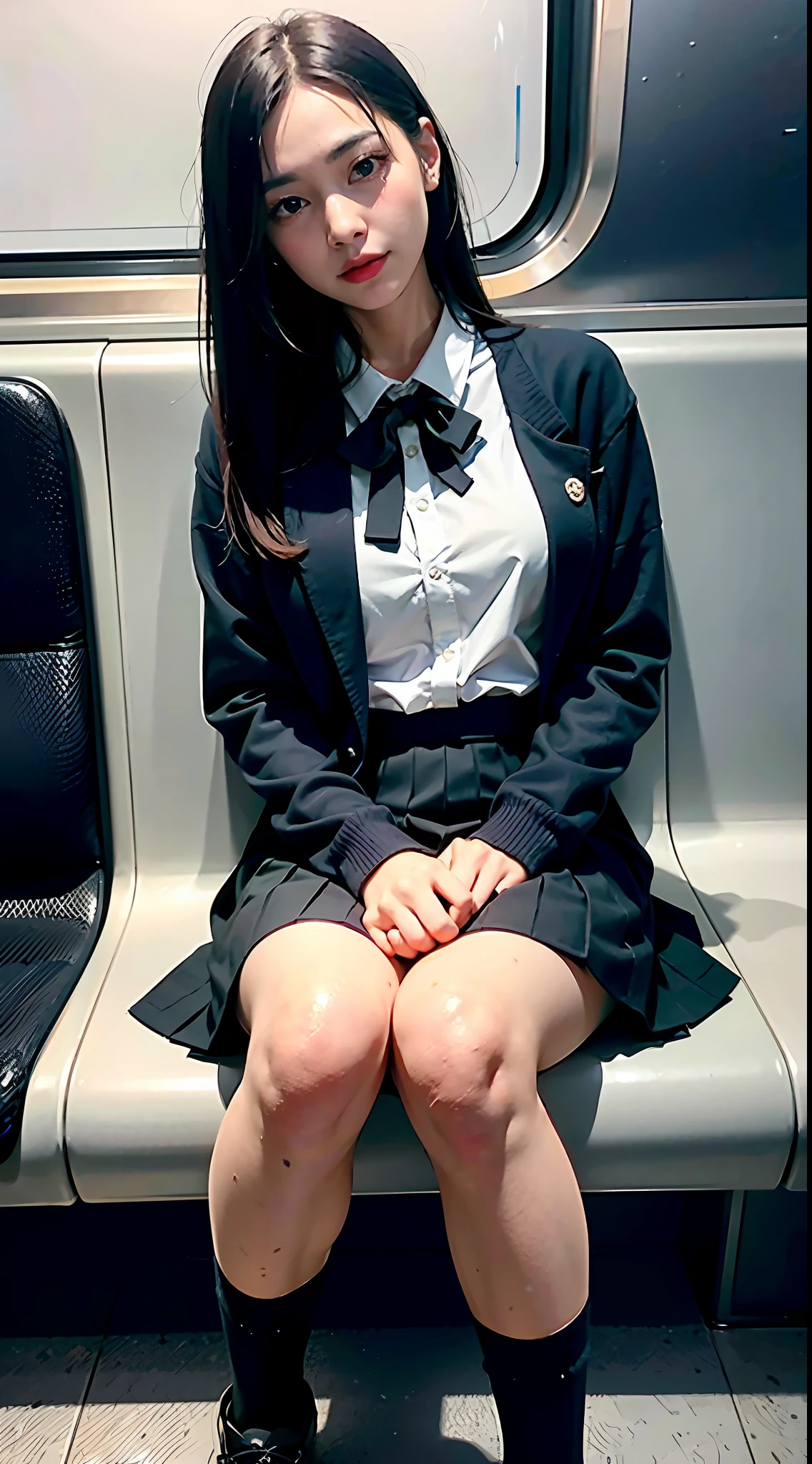 "(Masterpiece, High Definition, Ultra High Definition, 4K) Black hair, 14 years old Japan girl, uniform skirt, emphasizing thighs, white thighs, soft thighs, glossy thighs, sitting on the train, face-to-face angle, (angle from below),sitting in the train seat,Sitting in front,Zoom camera in the crotch,Feet on the train floor,Full body,Looking down and sleepy,Looking at the viewer only", best quality, ultra high definition, (photorealistic:1.4),, high resolution, detail, raw photo, sharp re, Nikon D850 film stock photo by Lee Jefferies 4 kodak portra 400 camera f1.6 lens rich colors hyper realistic lively textures dramatic lighting unreal engine artstation trends cinestir 800,