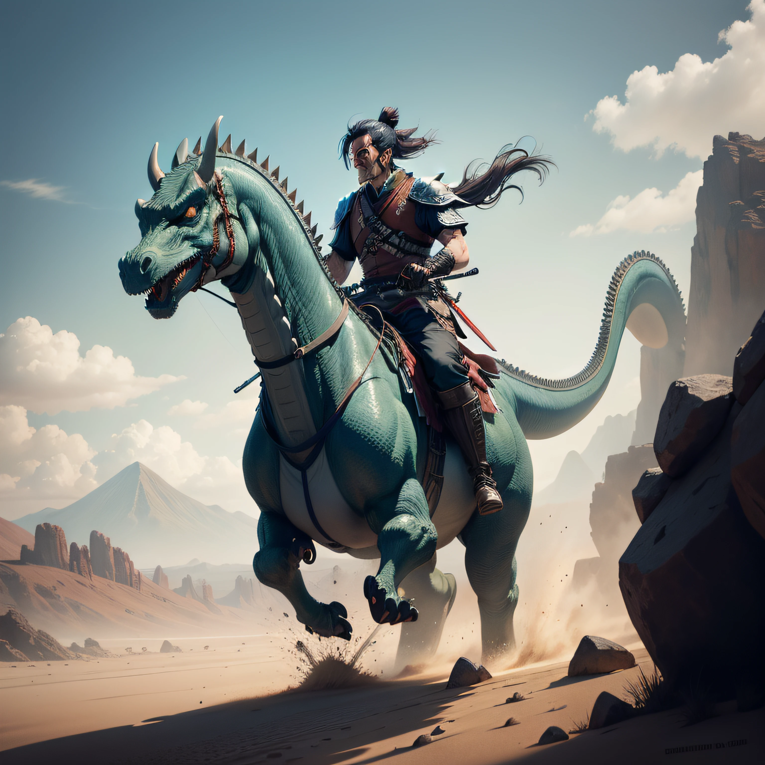 Draw a samurai man, Riding a dinosaur, Dinosaurs running on the Gobi, Dinosaurs are rich in detail。Desolate environment, Realisticstyle
