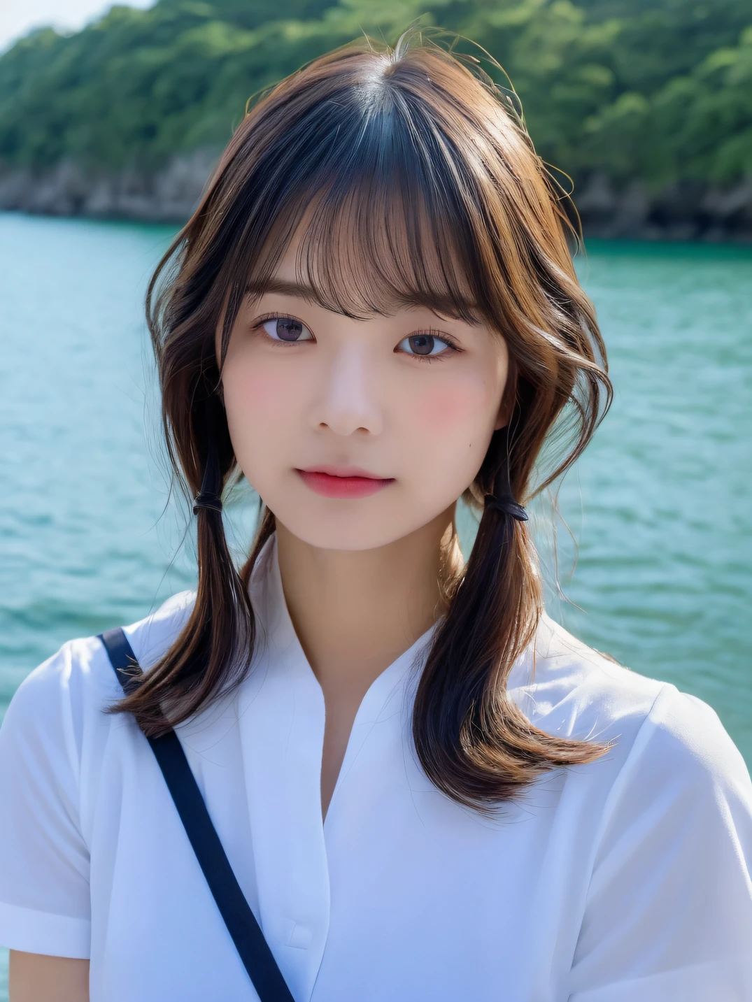 ((top-quality、8K、masterpiece:1.3))、foco nítido:1.2、Beautiful girl in perfect style:1.4、Slender Abs:1.2、((cabelos preto e longos、Colossal tits:1.2))、(natural soft light、By the sea:1.1)、Highly detailed facial and skin texture、A detailed eye、二重まぶた、((uniform 0.5))、tits out、夏天、((disheveled short-sleeved Y-shirt 1.5))