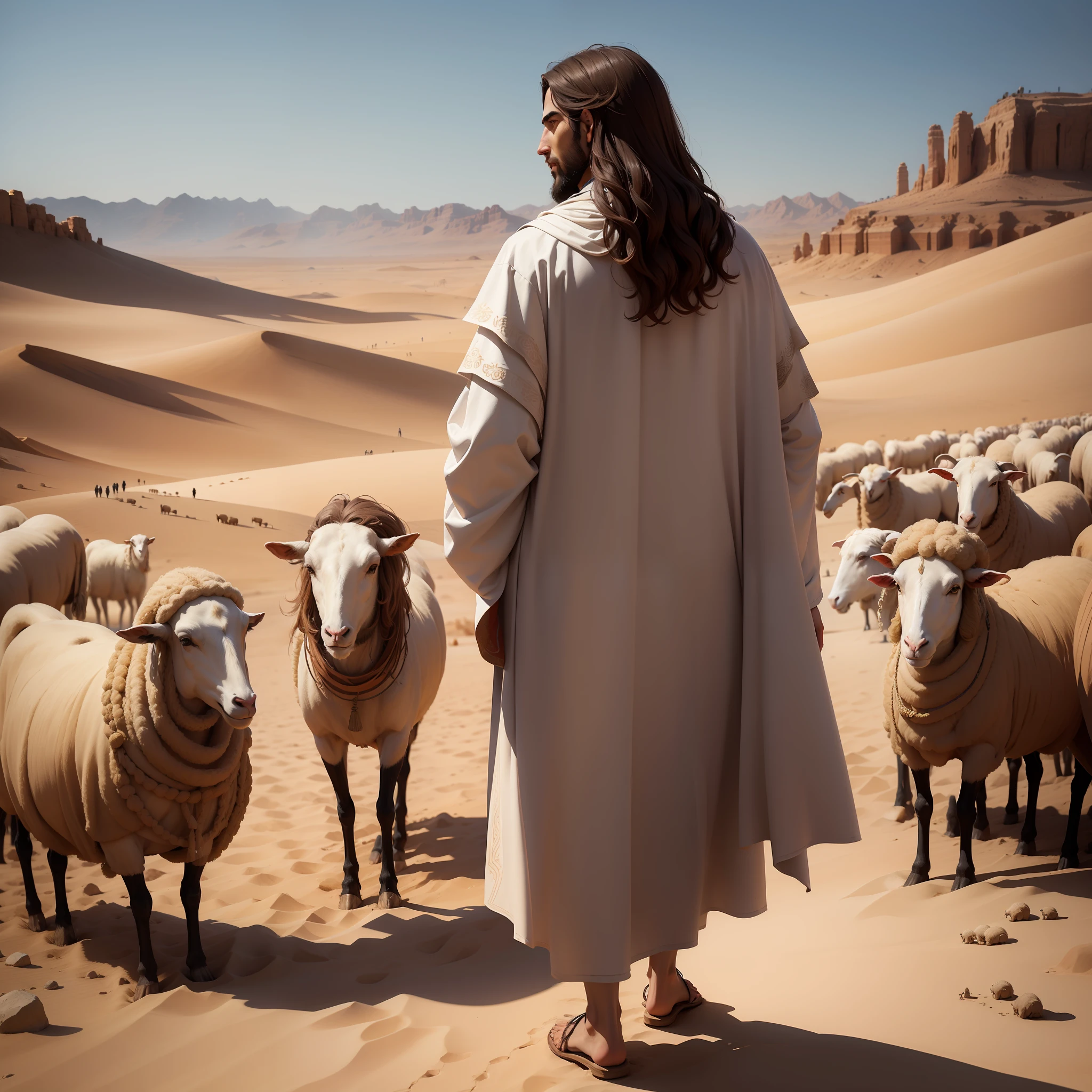 Create a model of Jesus Christ, modeling the character of Jesus in the series The Choise, Arab traits, walking in the desert, standing on a mountain, surrounded by sheep.