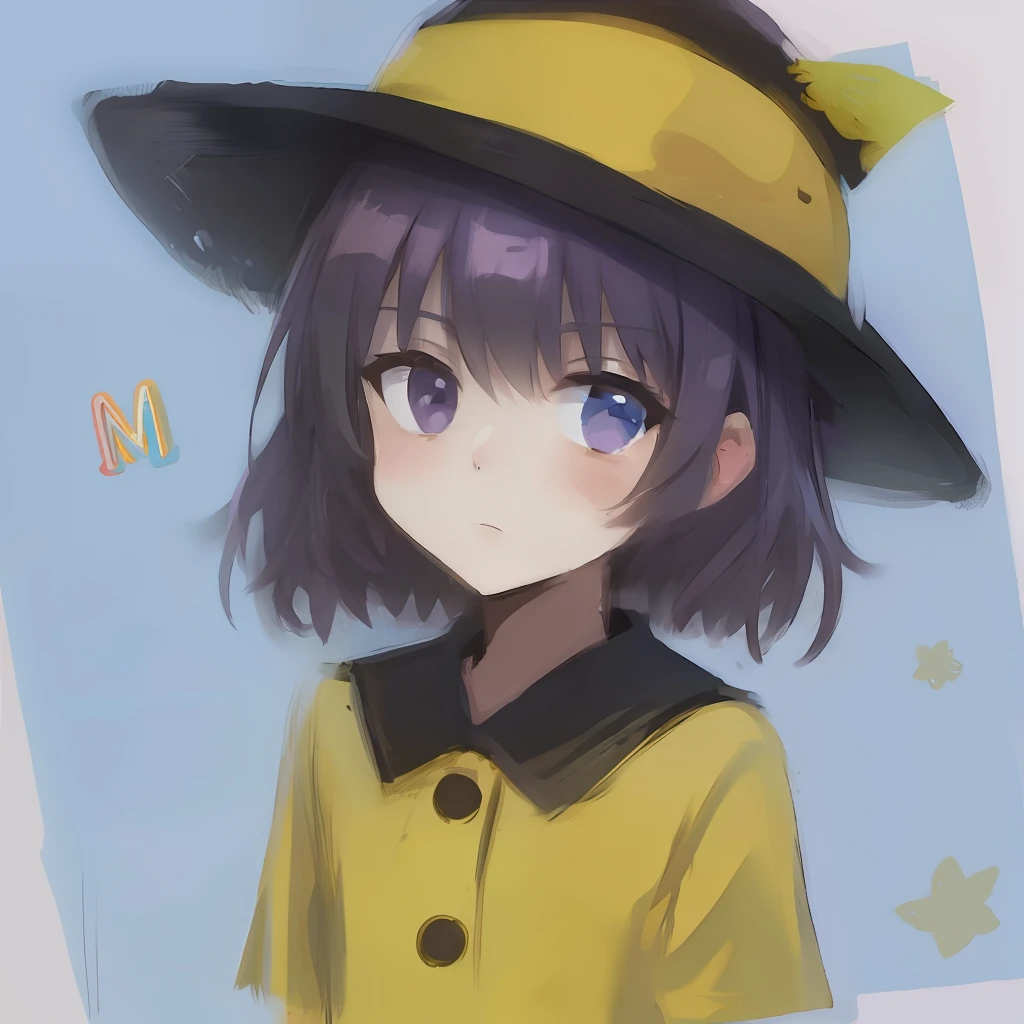 Next to the letter M stands a little girl in a yellow hat