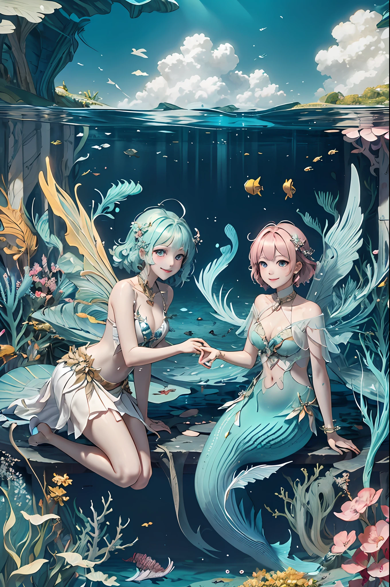 Welcome to the unknown、An angel will guide you、kindly smile、Beautiful girl with a sense of transparency、beautiful fairies、Large transparent blade、Swimming、mermaids、In the sea、Lassen