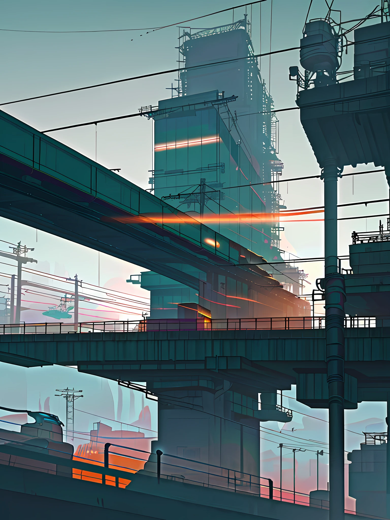 (Cyberpunk landscape), (Zen, Amy Sol style), (moonlight, footbridges, elevated trains, cables, conduits, powerlines, construction towers, tunnels), cover art with light abstraction, abstract, simple vector art, contemporary Cyberpunk art, color gradients, soft color palettes, layered forms, whimsical animation, style Ethereal abstract, 4K, --v6