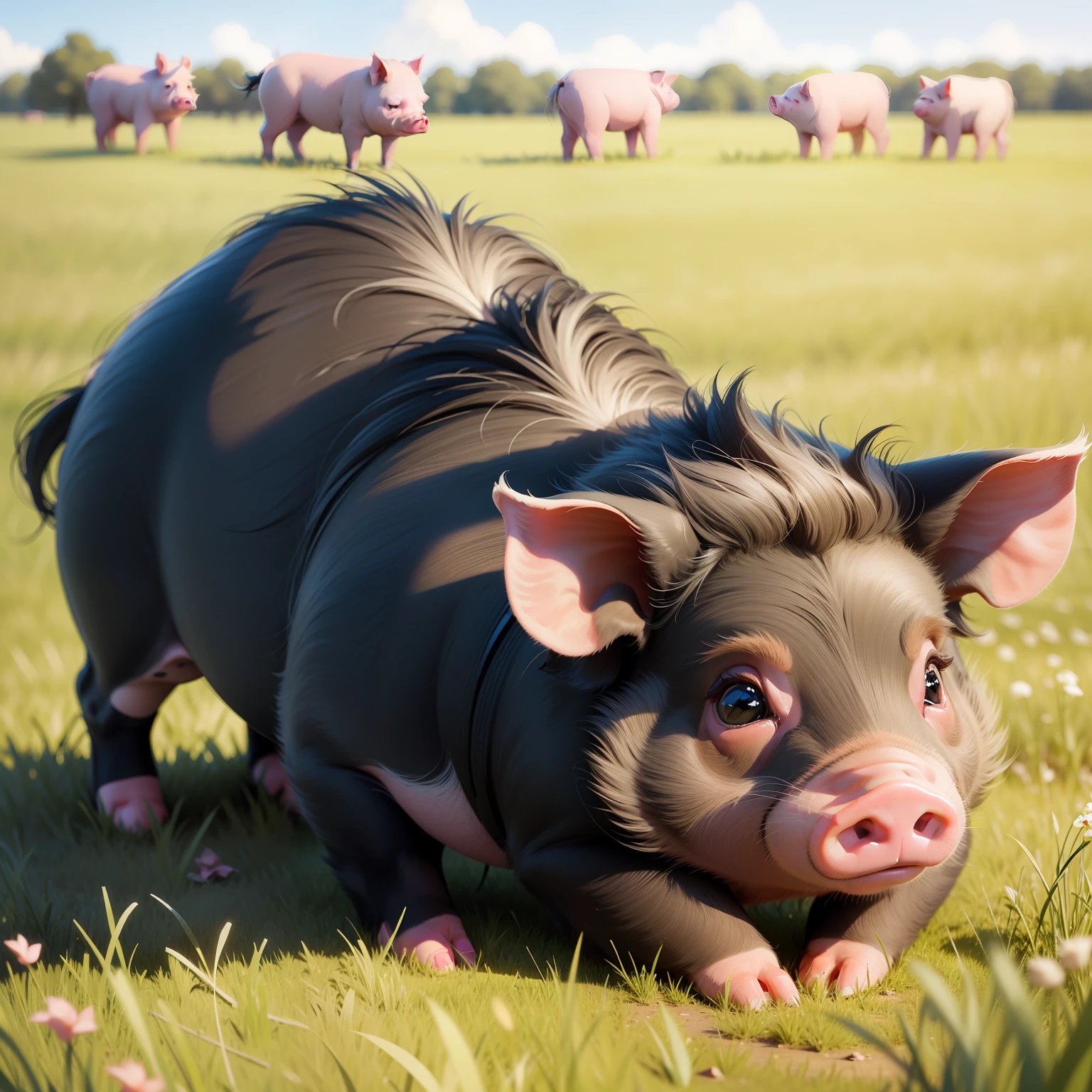 pigs，black in color，tiny ears，grassy fields，Sunnyday
