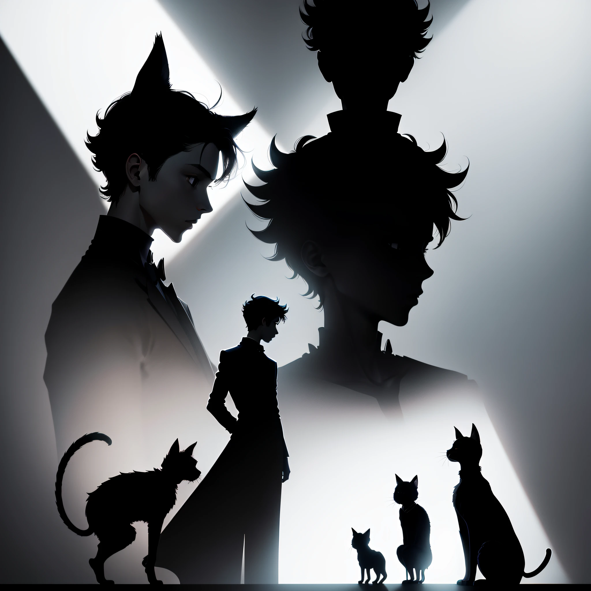 Silhouette of a boy and two cats, Detailed silhouette, anthropomorphic silhouette, stylized silhouette, Unique silhouette, shadowy and eerie character