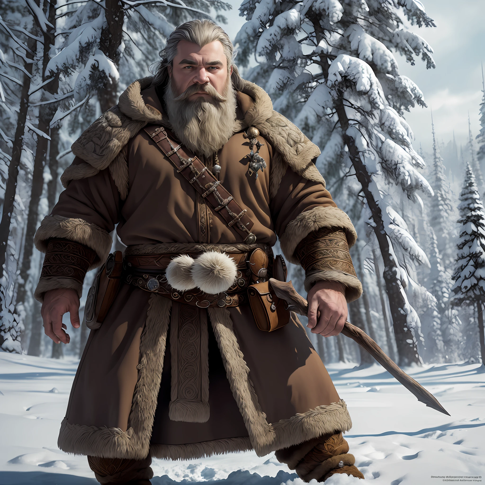 high details, best quality, 8k, [ultra detailed], masterpiece, best quality, (extremely detailed), dynamic angle, ultra wide shot, RAW, photorealistic, fantasy art, dnd art, rpg art, realistic art, a wide angle picture of a male dwarf druid (1.5 intricate details, Masterpiece, best quality) and his pet white bear, priest of nature, cleric of nature, dnd druid, full body, [[anatomically correct]], dynamic position (1.5 intricate details, Masterpiece, best quality) talking to a white bear, polar bear (1.6 intricate details, Masterpiece, best quality) in arctic tundra, trees with snows, half frozen river, snow (1.5 intricate details, Masterpiece, best quality), a male wearing fur clothes (1.4 intricate details, Masterpiece, best quality), fur boots, thick hair, long hair, blond hair, pale skin intense fair eyes, arctic background (intense details), dynamic light, dynamic angle, (1.4 intricate details, Masterpiece, best quality) 3D rendering, high details, best quality, highres, ultra wide angle