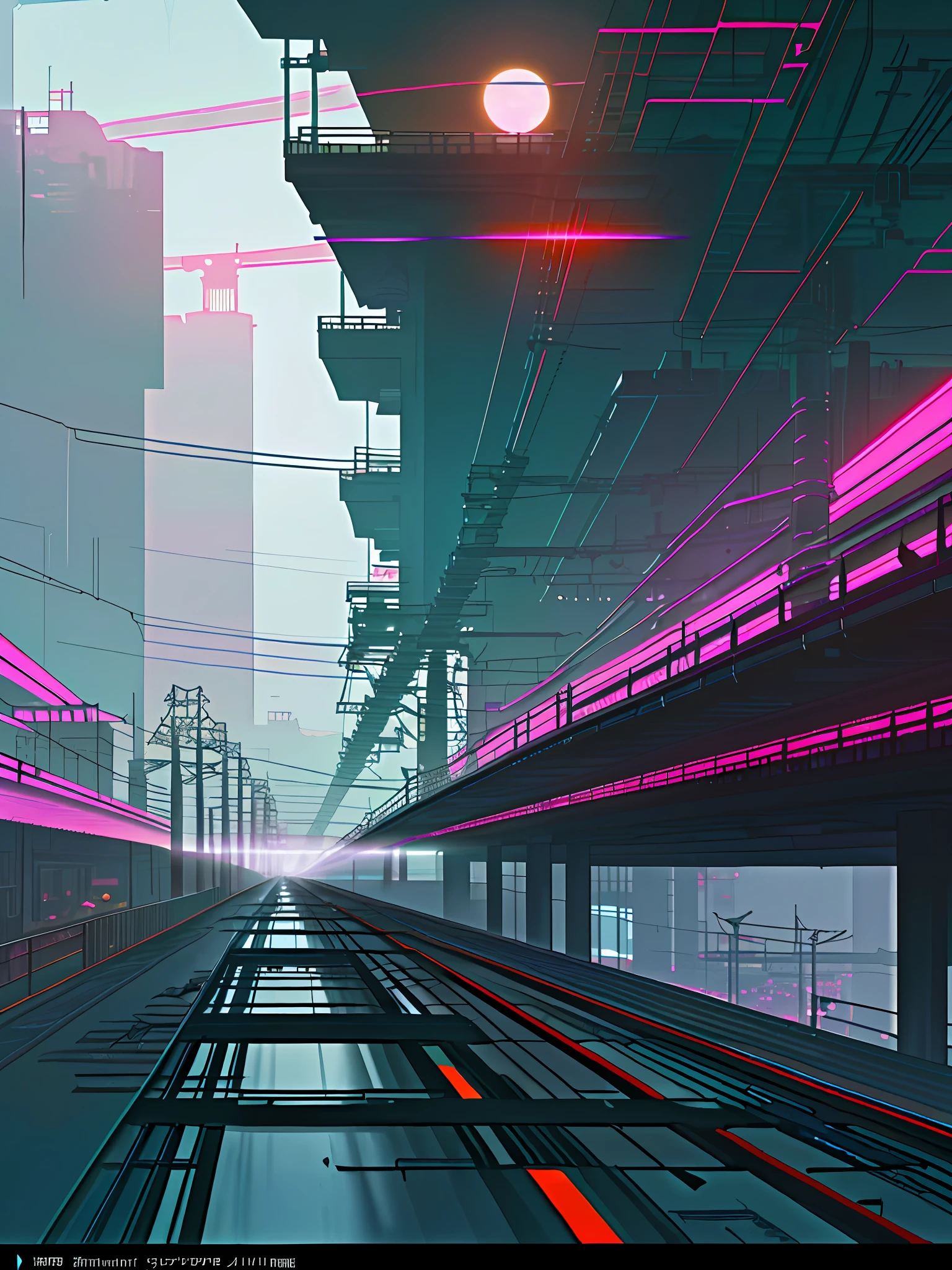 (Cyberpunk landscape), (Zen, Amy Sol style), (moonlight, footbridges, elevated trains, cables, conduits, powerlines, construction towers, tunnels), cover art with light abstraction, abstract, simple vector art, contemporary Cyberpunk art, color gradients, soft color palettes, layered forms, whimsical animation, style Ethereal abstract, 4K, --v6