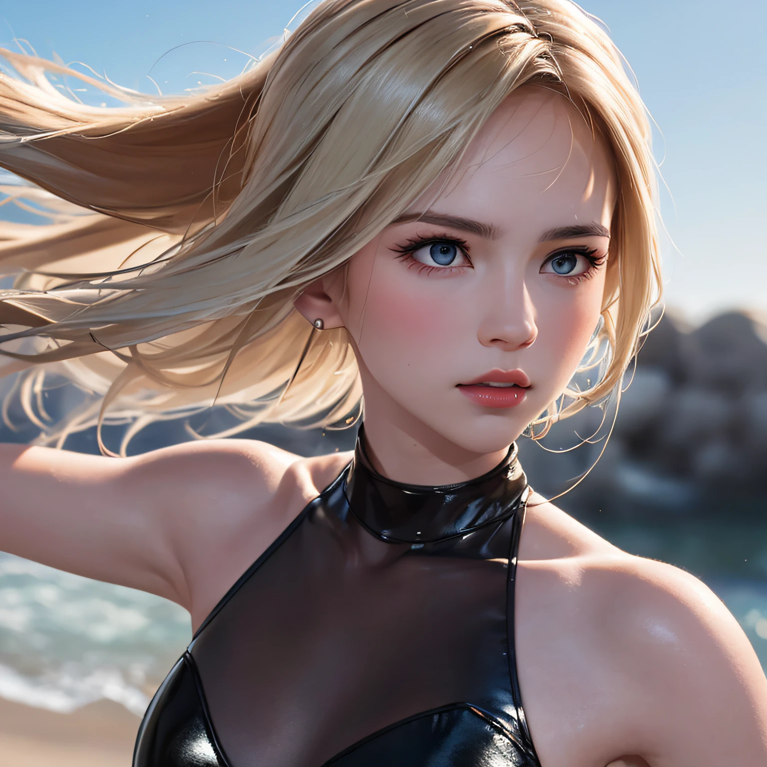 (8K, RAW Photos, of the highest quality, Masterpieces: 1.2), (Realistic, Photorealistic: 1.37), Highest Quality, Ultra High Resolution, light leaks, Dynamic lighting, Slim and smooth skin, (Full body:1.3), (Soft Saturation: 1.6), (Fair skin: 1.2), (Glossy skin: 1.1), Oiled skin, 22 years old, Night, shiny white blonde, Well-formed, Hair fluttering in the wind, Close-up shot of face only, Physically Based Rendering, From multiple angles