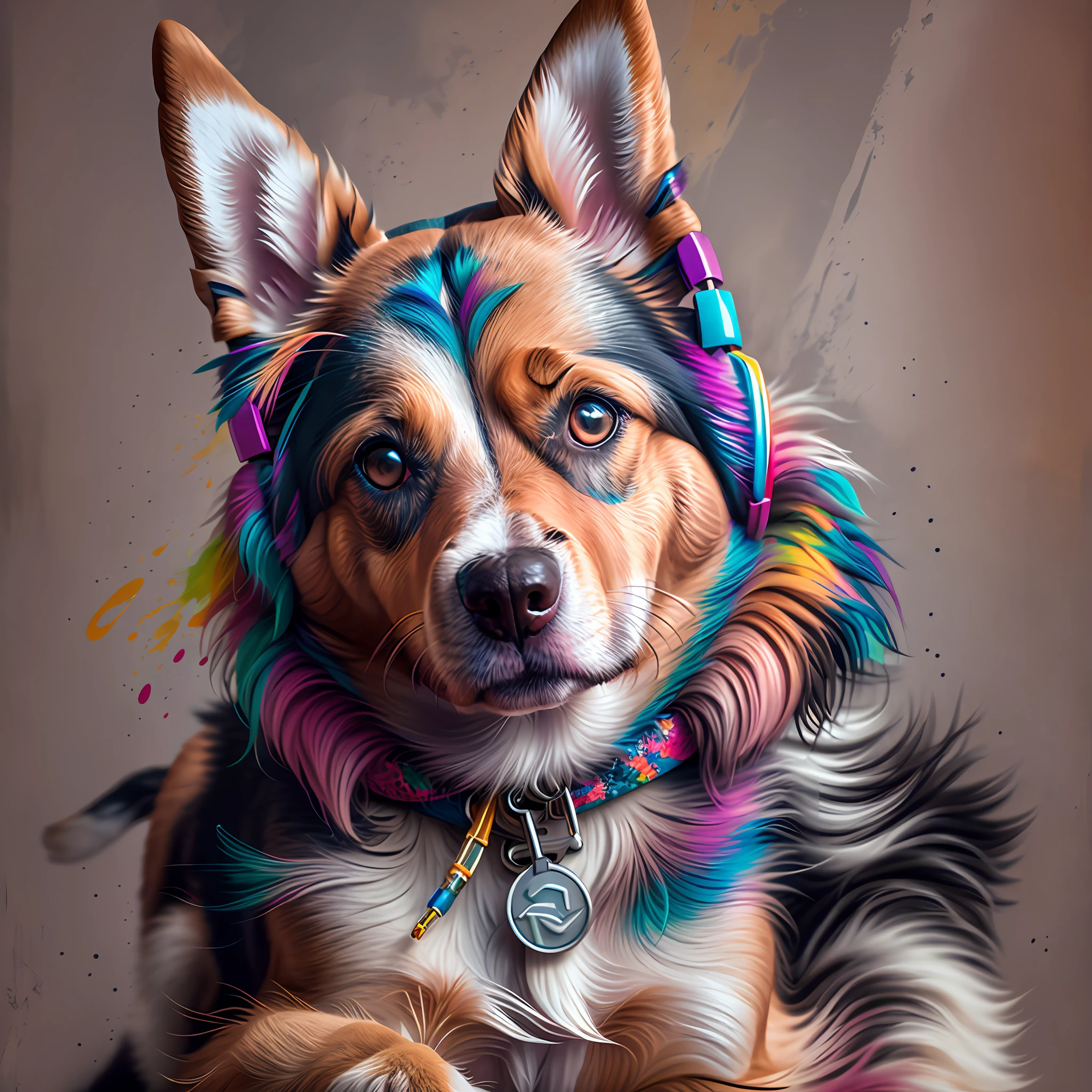 un chien avec un casque de musique sur les oreilles, musique, Yang08K, photographie, beau, fond ????, colourfull, Realstic, Masterpieces, premier quality, Best quality, Art officiel, beautiful and aesthetic,
