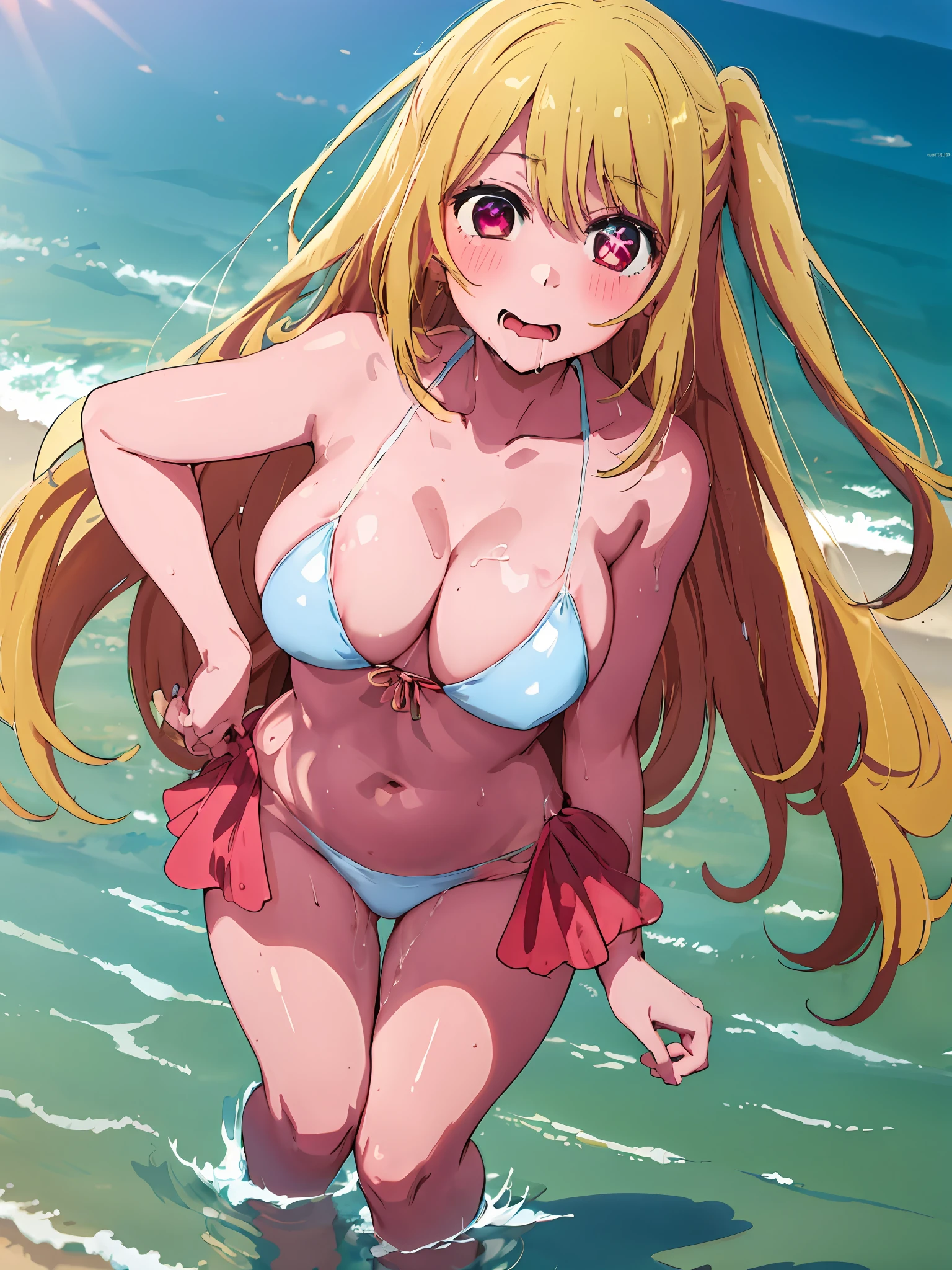 anime girl in bikini standing in the water at the beach, small curvy ****, in the beach, is wearing a swimsuit, seductive anime girl, anime! 4 k, anime! 4k, splash art anime ****, at the beach, anime best girl, rin, bathing suit, ecchi, swimsuit, on a sunny beach, in a bikini, ****, Ruby Hoshino(Oshi no Ko) (((dripping wet. See through swimsuit))) (((drooling)))