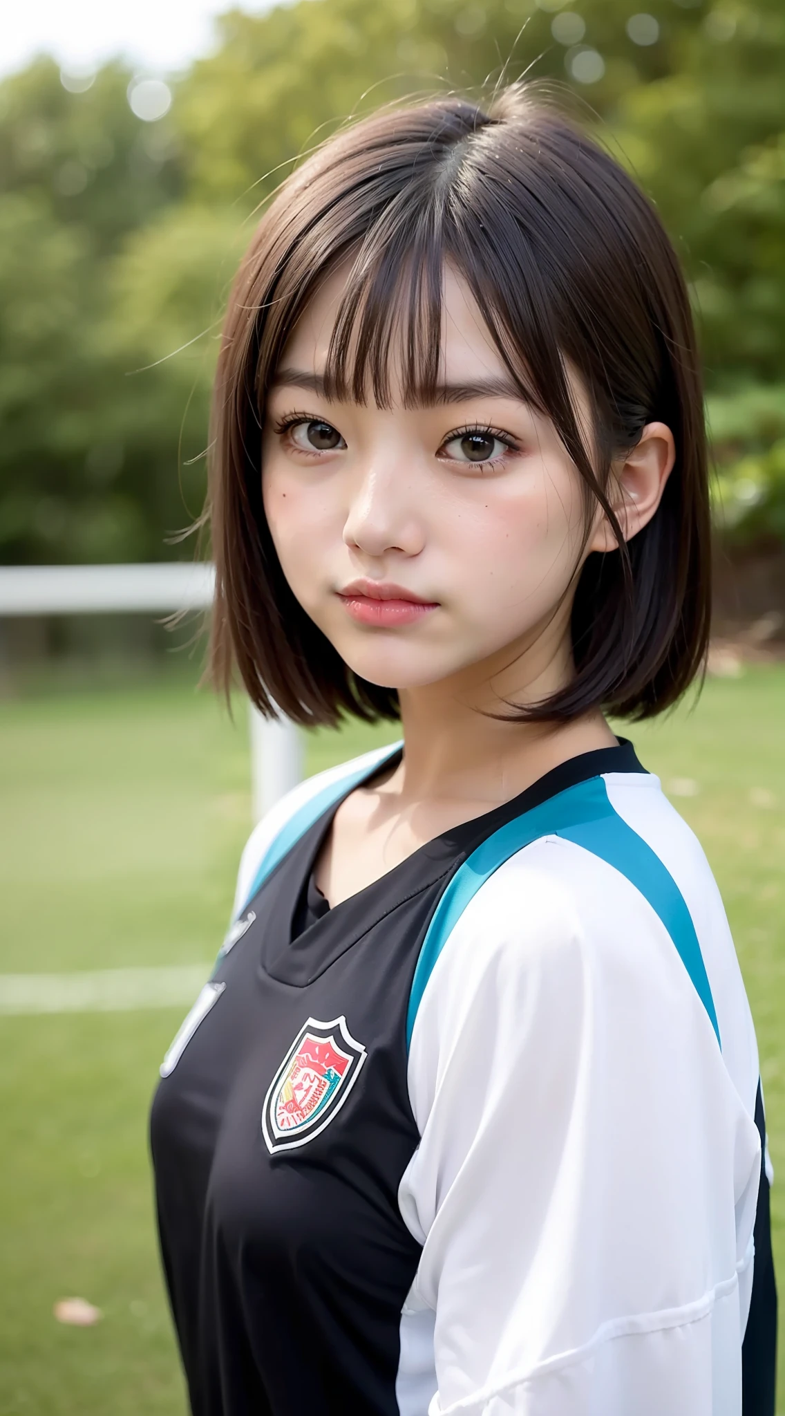 Japan girl at 17 years old、Bob Hair、A dark-haired、Brown-eyed、uniformss、Playing Soccer、