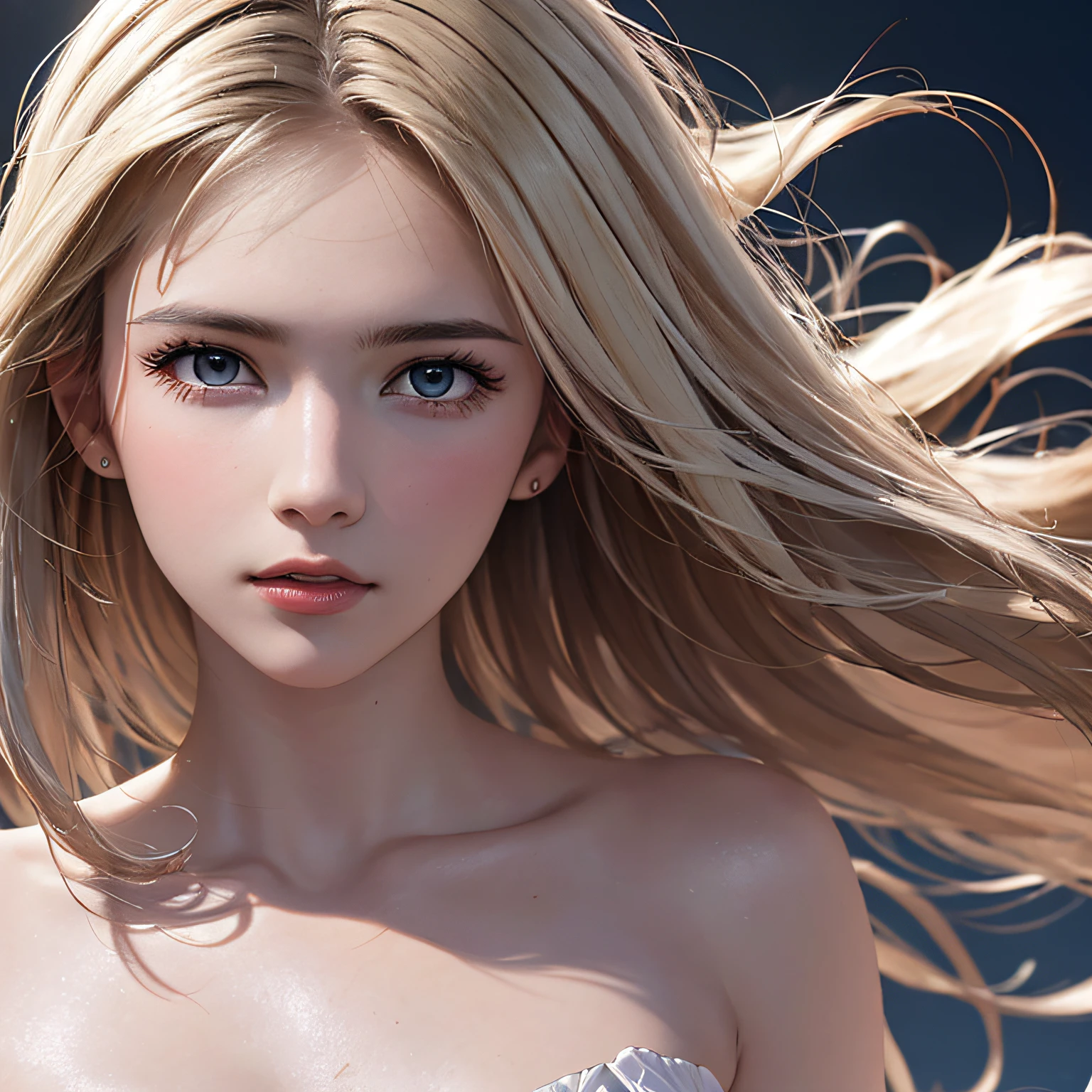 (8K, RAW Photos, of the highest quality, Masterpieces: 1.2), (Realistic, Photorealistic: 1.37), Highest Quality, Ultra High Resolution, light  leaks, Dynamic lighting, Slim and smooth skin, (Full body:1.3), (Soft Saturation: 1.6), (Fair skin: 1.2), (Glossy skin: 1.1), Oiled skin, 22 years old, Night, shiny white blonde, Well-formed, Hair fluttering in the wind, Close-up shot of face only, Physically Based Rendering, From multiple angles