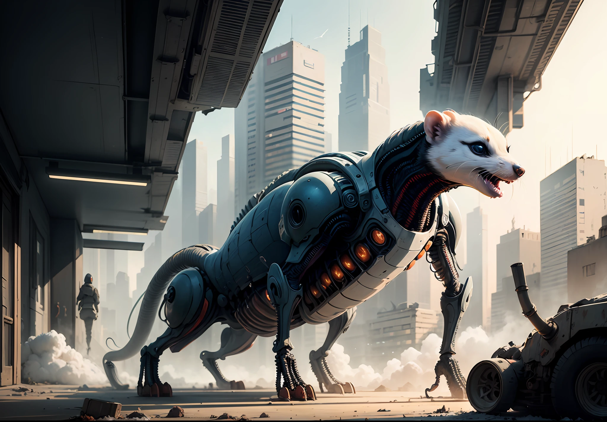 Elaboration of the image of a xenomorph ferret with exoskeleton in a futuristic city of Venus, parcialmente destruida, with blue powder and rust. Automatic car.