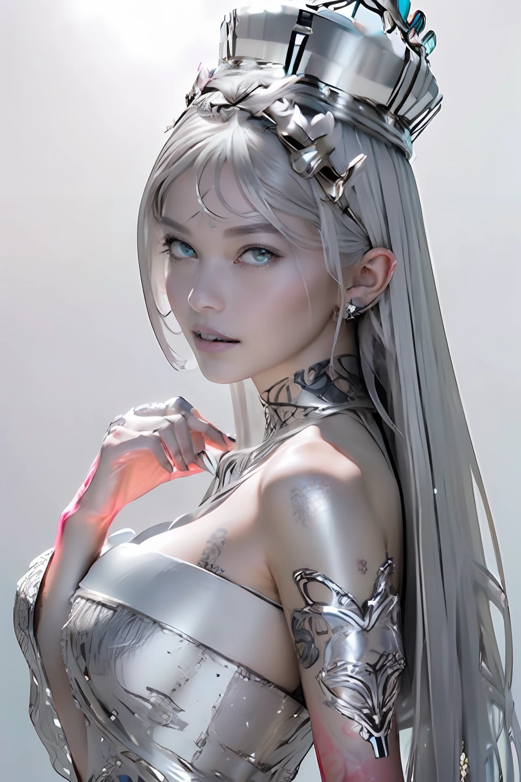 Ultra-detailed complex 3D rendering of the face, (masterpiece, top quality, octane rendering,), glamour shots full body image, very beautiful young elves, cleavage, (highly detailed skin: 1.2), (exposure: 1.1), ((blue micro bikini: 1.95)))). , 8k, (((very soft breasts)), (((conspicuous large pink areola)), beautiful Caucasian woman with white skin with full soft breasts with big buttocks, one, long braided hair, big breasts, dynamic angles, (((huge breasts: 2.4)), ultra-realistic photos, ((((((silver hair)))), futuristic urban background, facial muscles, (((((detailed and glamorous silver crown)))), In the style of Marvel Comics, ArtStation Trends, Clear Focus, Intricate Details, Very Detailed, Detailed Green Eyes, Sharp Focus, Digital Rendering, Professional, Abs, Lip Gloss, Glossy Skin, Sexy Pose, Golden Tattoo All Over Body, Silver Pattern All Over Body, Silver Lame Skin, Gold Glitter Skin, Mansuji, Buttocks, Jeweled All Over the Body, with silver scales, silver hair,