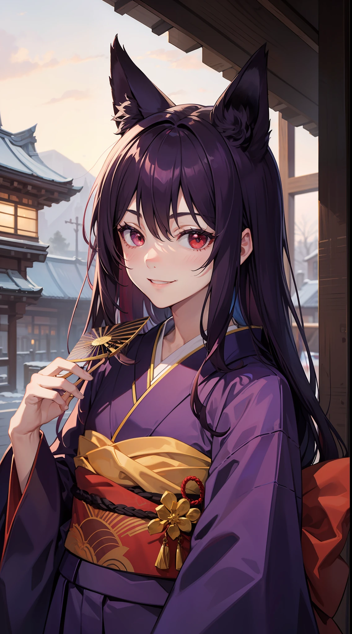 Young boy, long dark purple hair, fox ears, red eyes, dark purple kimono, smirk, fan, Masterpiece, hiquality