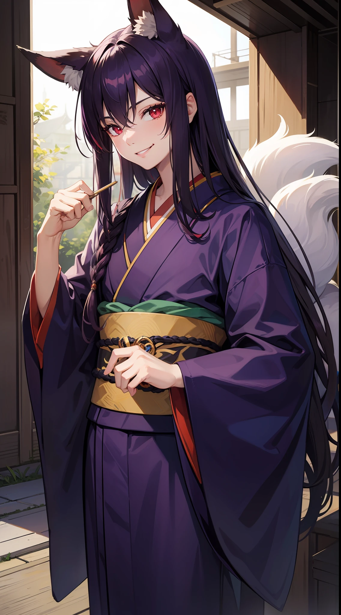 Young boy, long dark purple hair, fox ears, red eyes, dark purple kimono, smirk, fan, Masterpiece, hiquality