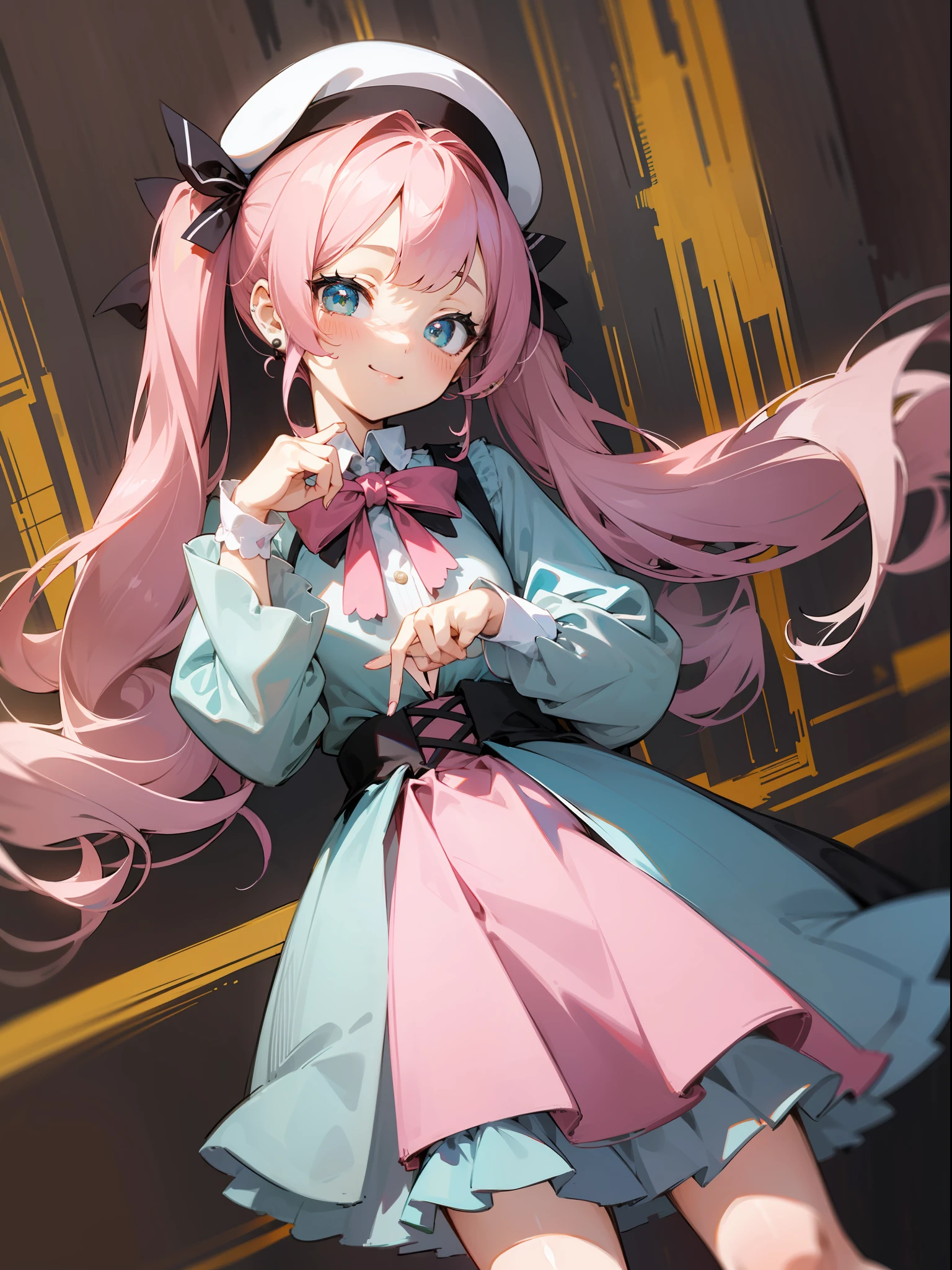 masutepiece, hyper quality, Hyper Detailed, Perfect drawing,Hi-Res、1girll,full bodyesbian、ssmile、Loose and fluffy hair、(((drills twintails)))、A pink-haired、Big eyes with double eyelids、lofty nose、blusher(0.2)、small mouth、ear piercings、student clothes、jumper skirt、beret、lolita fashion(0.5)、Shooting from diagonally below, portlate、beatiful backgrounds, meticulous drawing, Accurate drawing、Perfect illustration、Perfect Beautiful Girl、high-class sense
