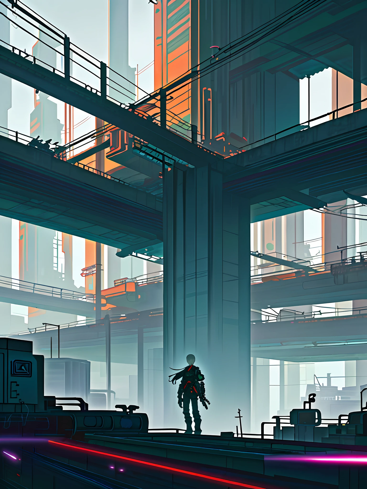 (Cyberpunk landscape), (Zen, Amy Sol style), (underground, abandoned computer factory, wetware factory, cyberpunk interface, fractal OS, footbridges, elevated trains, cables, conduits, powerlines, construction towers, tunnels), cover art with light abstraction, abstract, simple vector art, contemporary Cyberpunk art, color gradients, soft color palettes, layered forms, whimsical animation, style Ethereal abstract, 4K, --v6