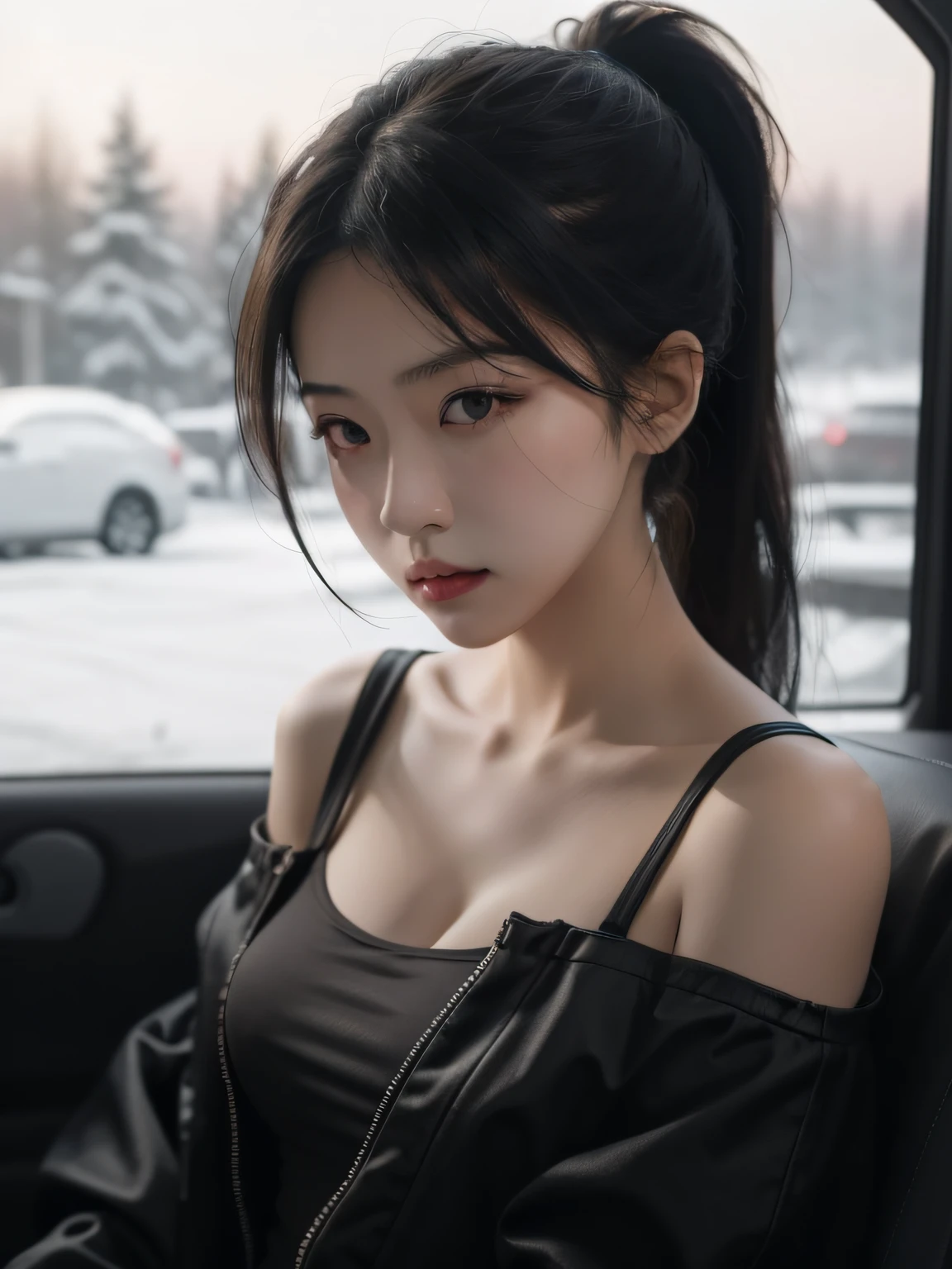 best qualtiy, tmasterpiece, 超高分辨率, (realisticlying:1.5), RAW photogr, 1girll, bshoulders, in the darkness nigth, deep shading, low tune, cold light, Sexy look, High ponytail
